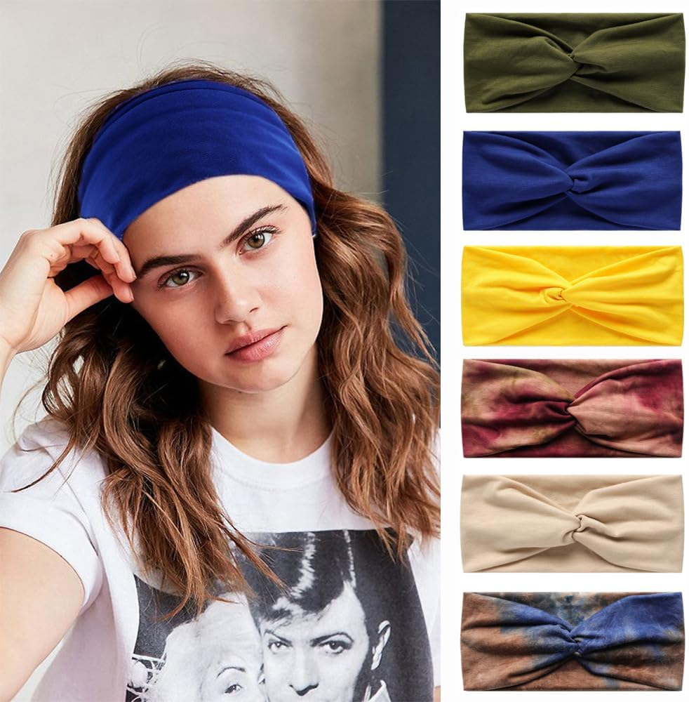 Pack of 6 Bandana Headbands for Women Wide Wavy Headscarf Boho Headscarves Wraps Turban Fabric Elastic Headband Yoga Hair Bands Sports Running Headscarves (Yellow13De)