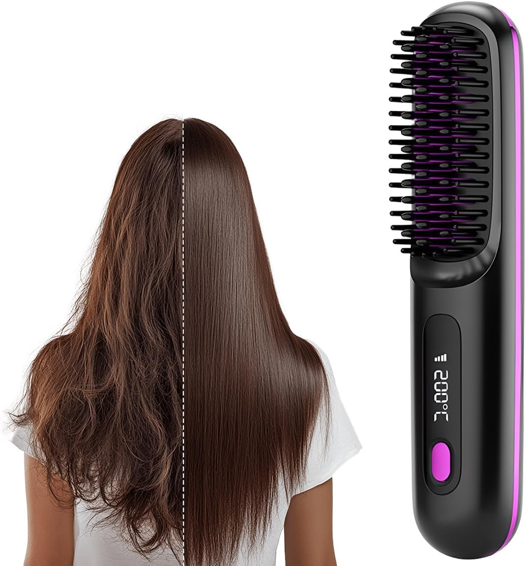 2025 New Cordless Hair Straightener Brush, 2 in 1 Portable Straightener Brush with LED Screen, Rechargeable Hair Heated Brushes for All Hair Type (Pink)