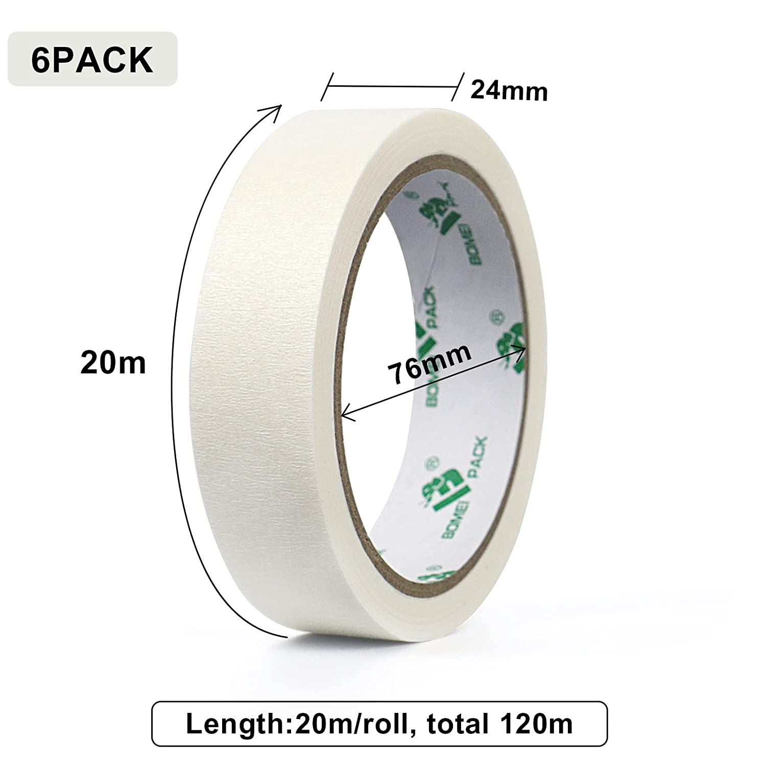 BOMEI PACK White Masking Tape Decorative Writable White Painters Tape for Arts & Crafts,6 Rolls Pack, 24Mm X 20M per Roll