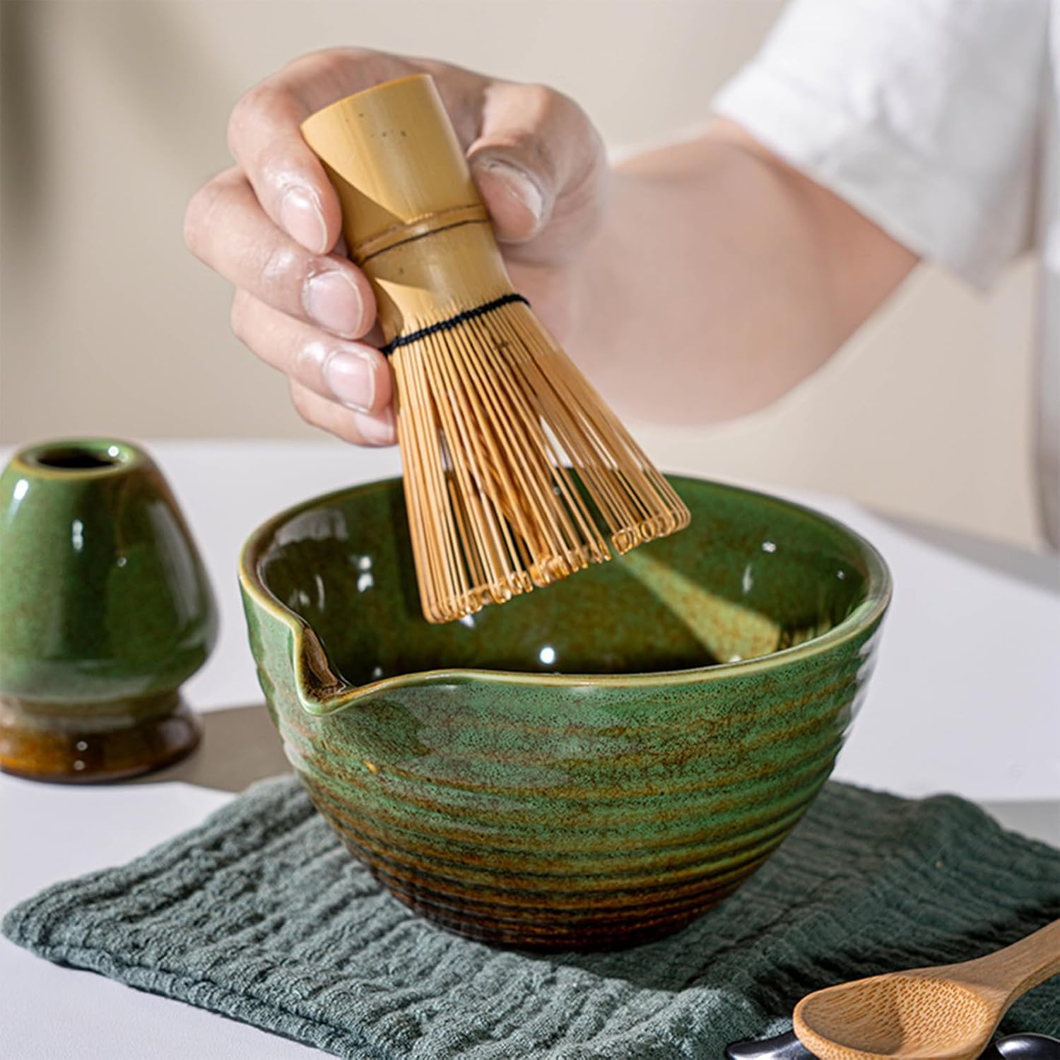 Matcha Set, Japanese Tea Set Includes Matcha Bowl with Spout, Matcha Whisk Holder, Bamboo Matcha Whisk and Sifter Scoop, 17 Oz Mottled Tea Green Glaze Ceramic Matcha Kit for Tea Lovers image number 2