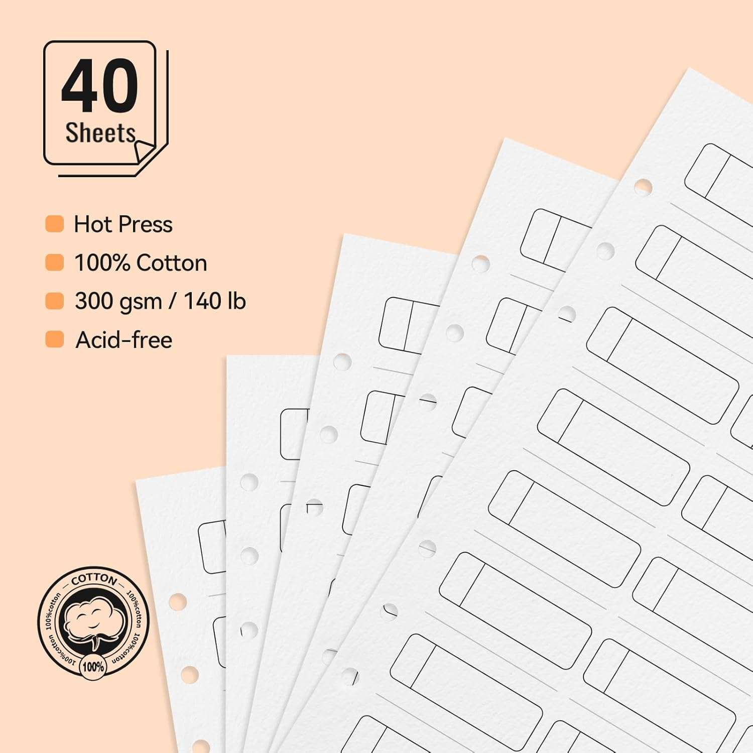 LIGHTWISH Watercolor Swatch Paper Bulk - 100% Cotton Hot Press 300Gsm/140Lb, 2 Pack, Total 40 Sheets 24 Spaces A5 Hole-Punched Replaceable Paper for Watercolor, Gouache, Oil Pastels,5.5 * 8.2 Inches image number 5