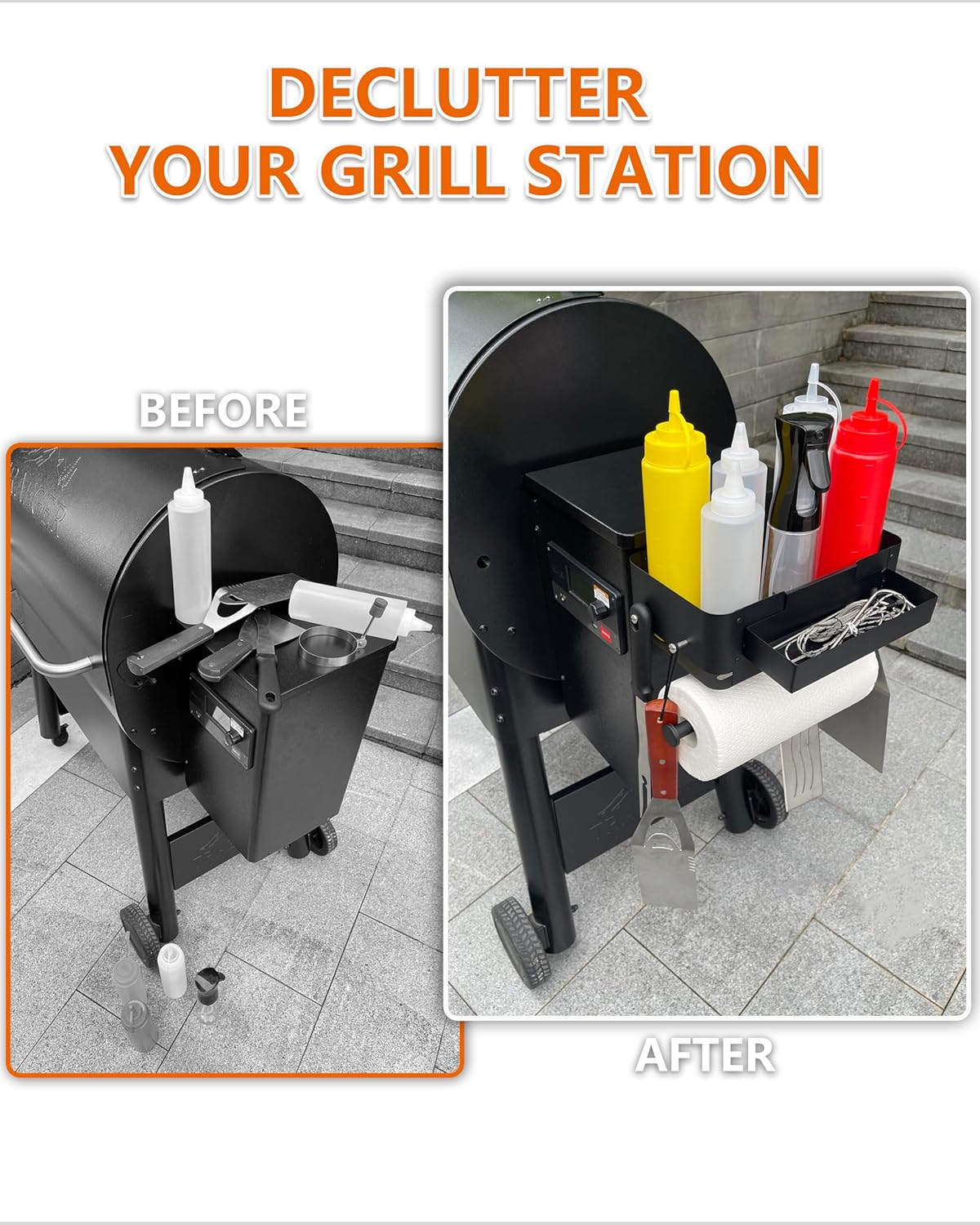 Storage Bin for Traeger Pellet Grill Caddy with Paper Towel Holder, Temperature Probe Box, and Hanging Hooks &ndash; Smoker Accessories for Traeger Pro Series 22/34, Ironwood 885/650, Pro 780/575, Pit Boss