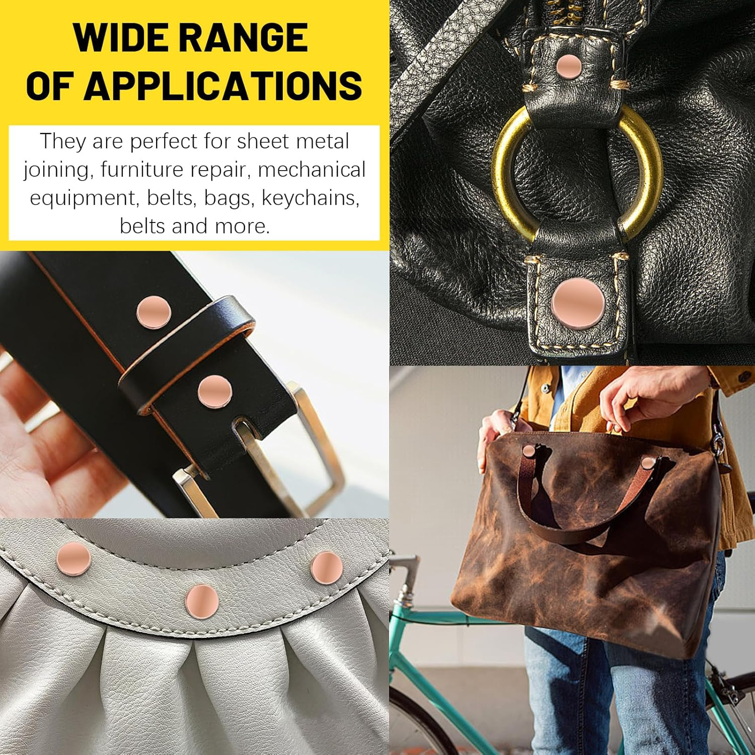 Mardatt 270Pcs Flat Head Copper Solid Rivets Kit, M2 M2.5 M3 Solid Copper Rivets Fasteners, Flat Head Rivets Solid Copper Rivets for Electrical Applications, Leather Working Supplies