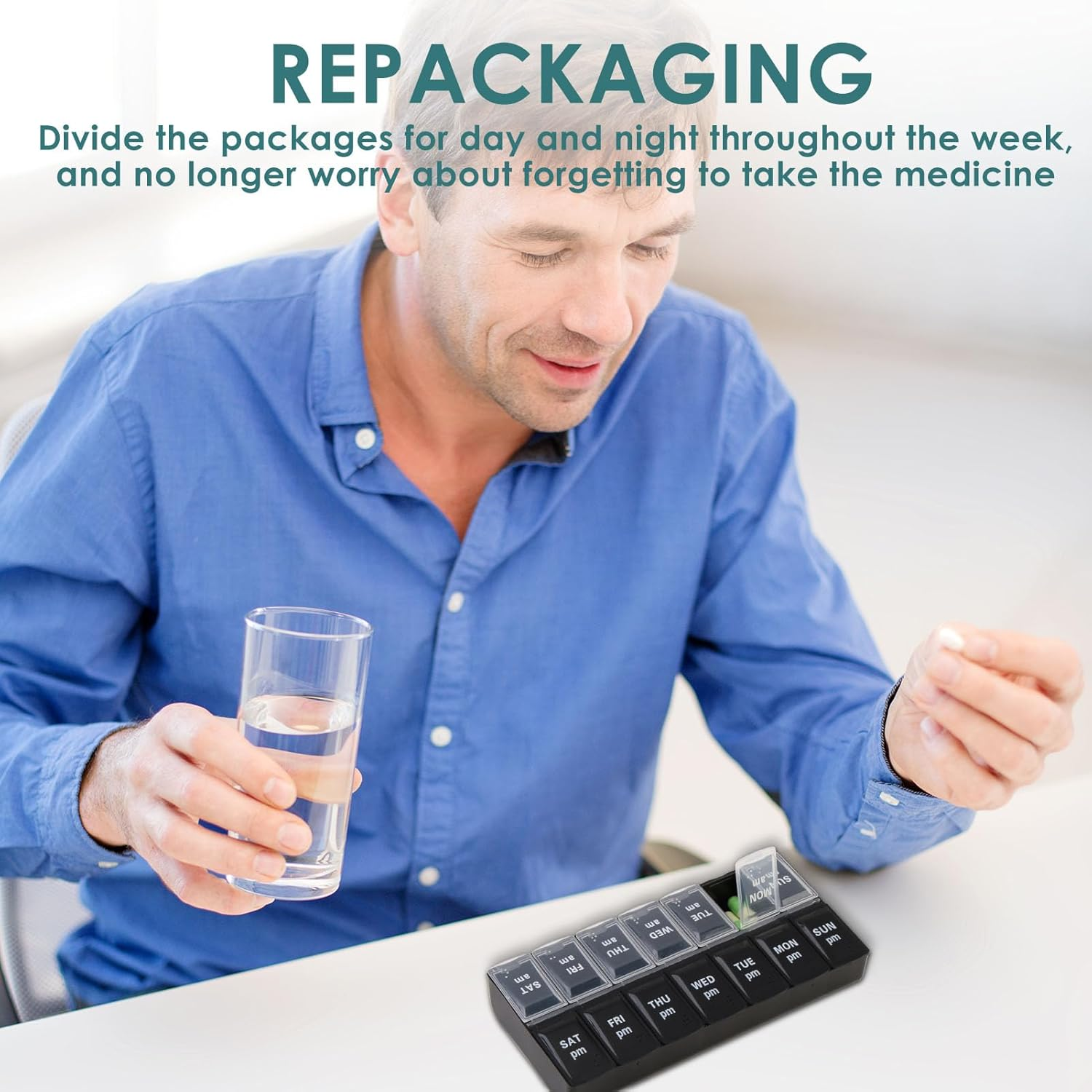 Weekly Pill Organizer, 7 Day Pill Organizer 2 Times a Day, Day Night Medicine Organizer, Pill Box with Simple Button Design for Pills/Vitamins/Fish Oil/Supplements, Black and White