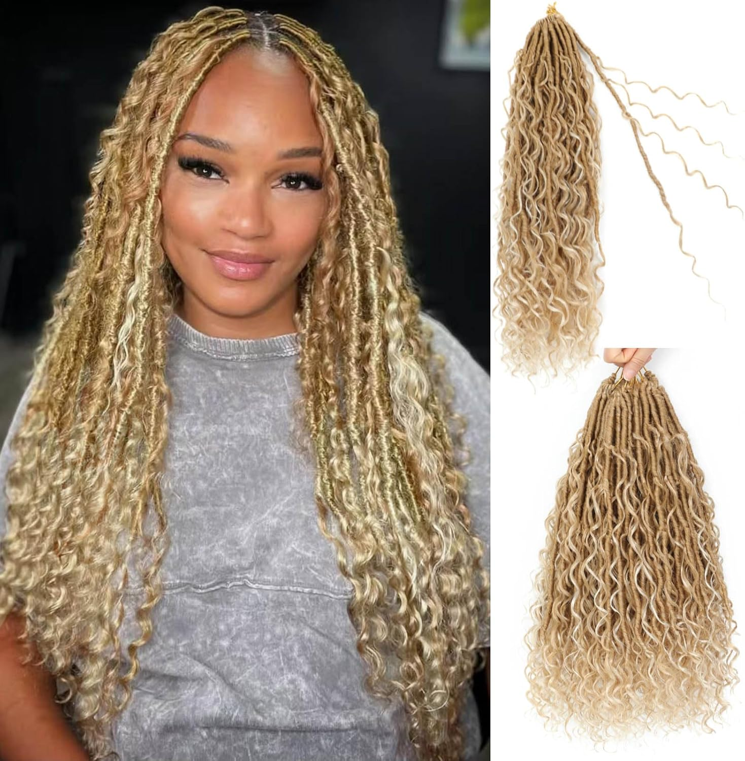 Goddess Locs Crochet Hair 18 Inch 7 Packs Bohemian Goddess Faux Locs Crochet Hair Pre Looped Boho Soft Locs Synthetic Braids Hair Extensions for Women (27/613#, 18 Inches)