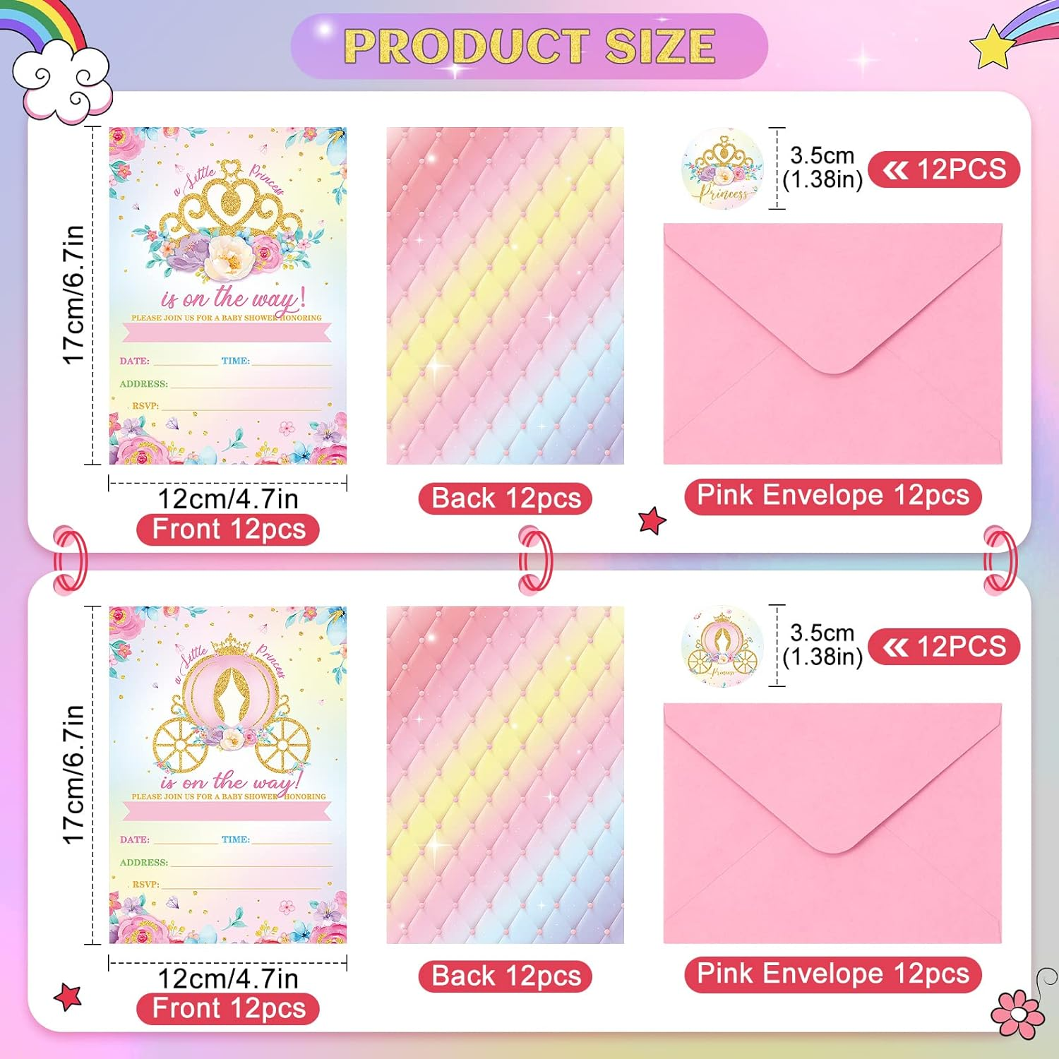 Taobary 24 Set Pink Princess Baby Shower Invitations for Girl, Princess Birthday Party Invitations Cards with Envelopes, and Stickers for Party Favors Girls Castle Supplies(Baby Shower) image number 4