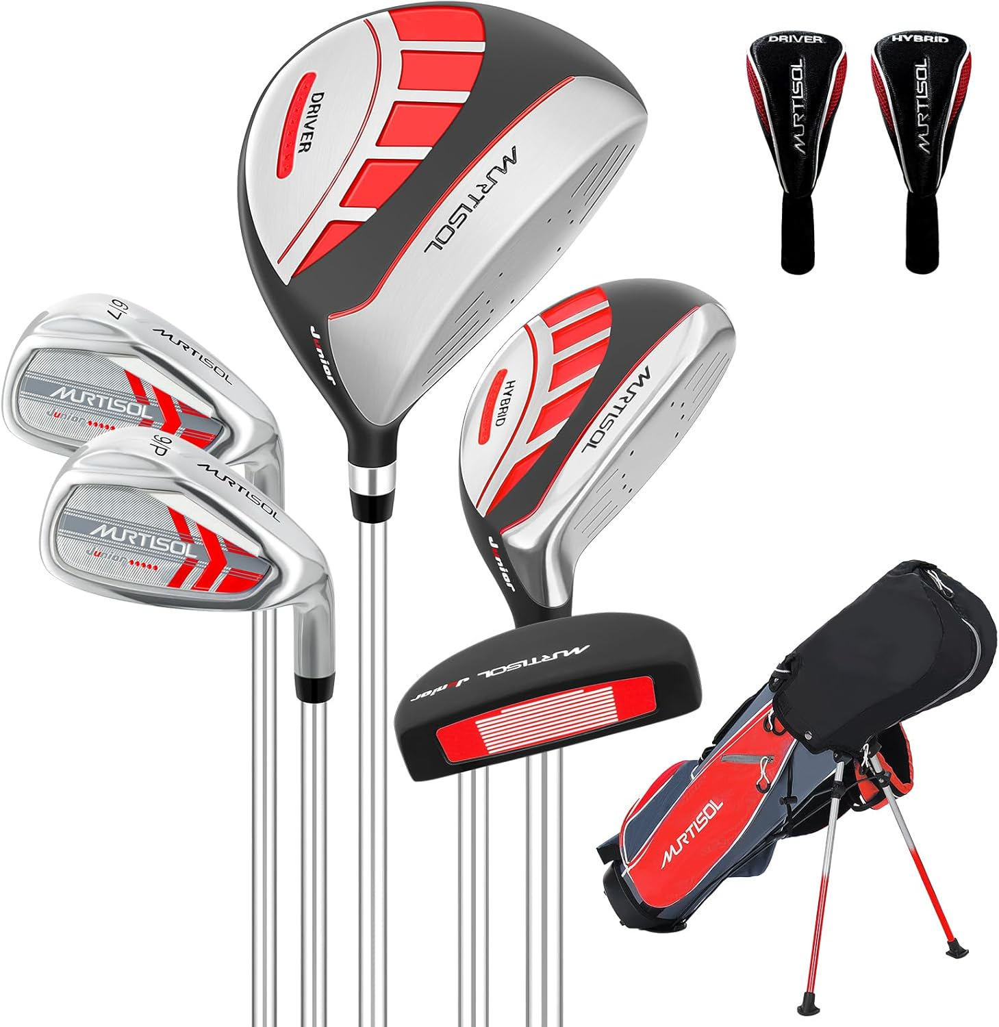 Xdrivemax 5/6 Pieces Kids Golf Club Set, Junior Golf Club Set Ages (5-8)(9-12)(12-14) Includes Stand Bag, 1# Drive, 5# Hybrid, 6/7#, 9/P# Irons and Putter Right Hand for Boys Girls