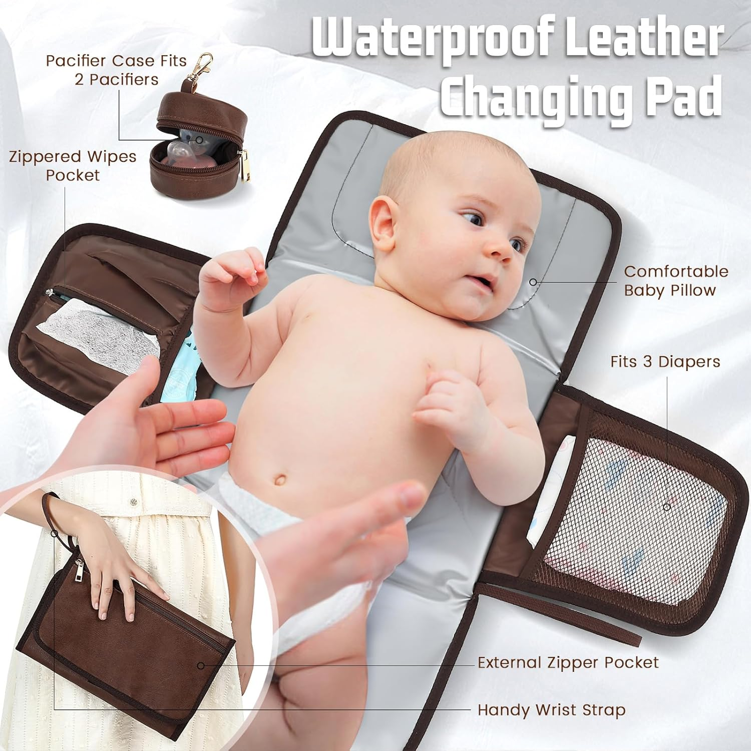 Vegan Leather Diaper Bag Backpack for Boy Girl with Changing Pad and Pacifier Case - Brown image number 2