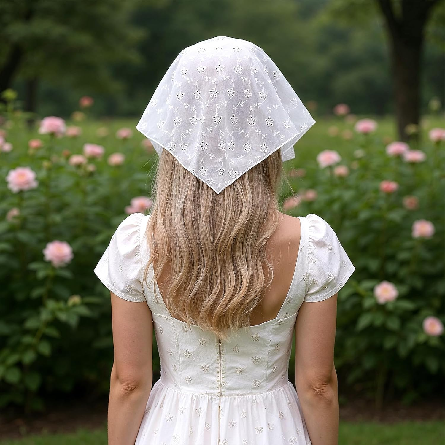 Bandana Headband - Lace Head Scarf, Head Scarf for Girls Cute Adjustable Bandanas, Boho Eyelet Crochet Bandana Headbands, Elegant White Heads Scarfs Hair Accessories for Women image number 3