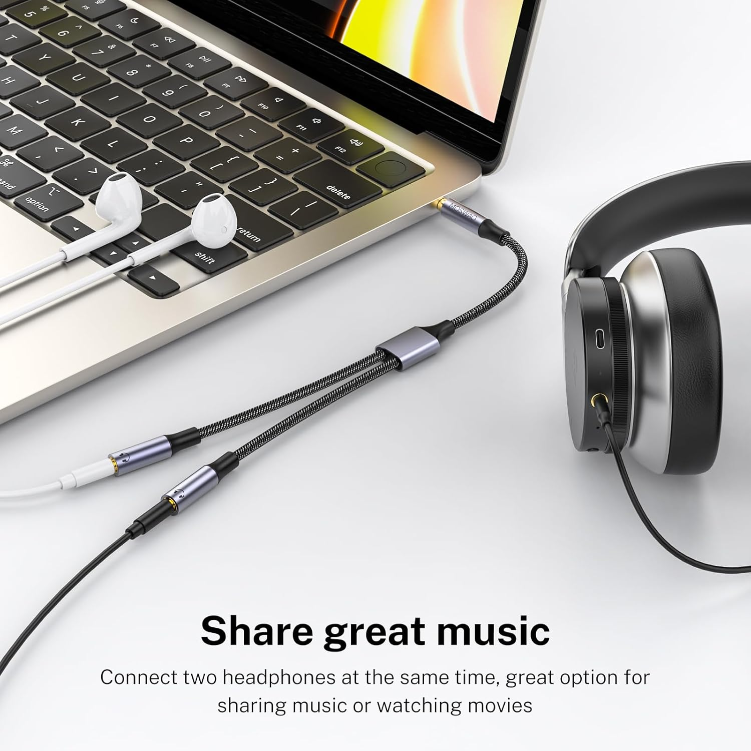 MOSWAG Headphone Splitter, 3.5Mm Male to 2 Female Audio Y Splitter, 4-Pole Nylon Braided Male to Female Dual Headphone Jack Adapter for Apple, Samsung, Tablets image number 1