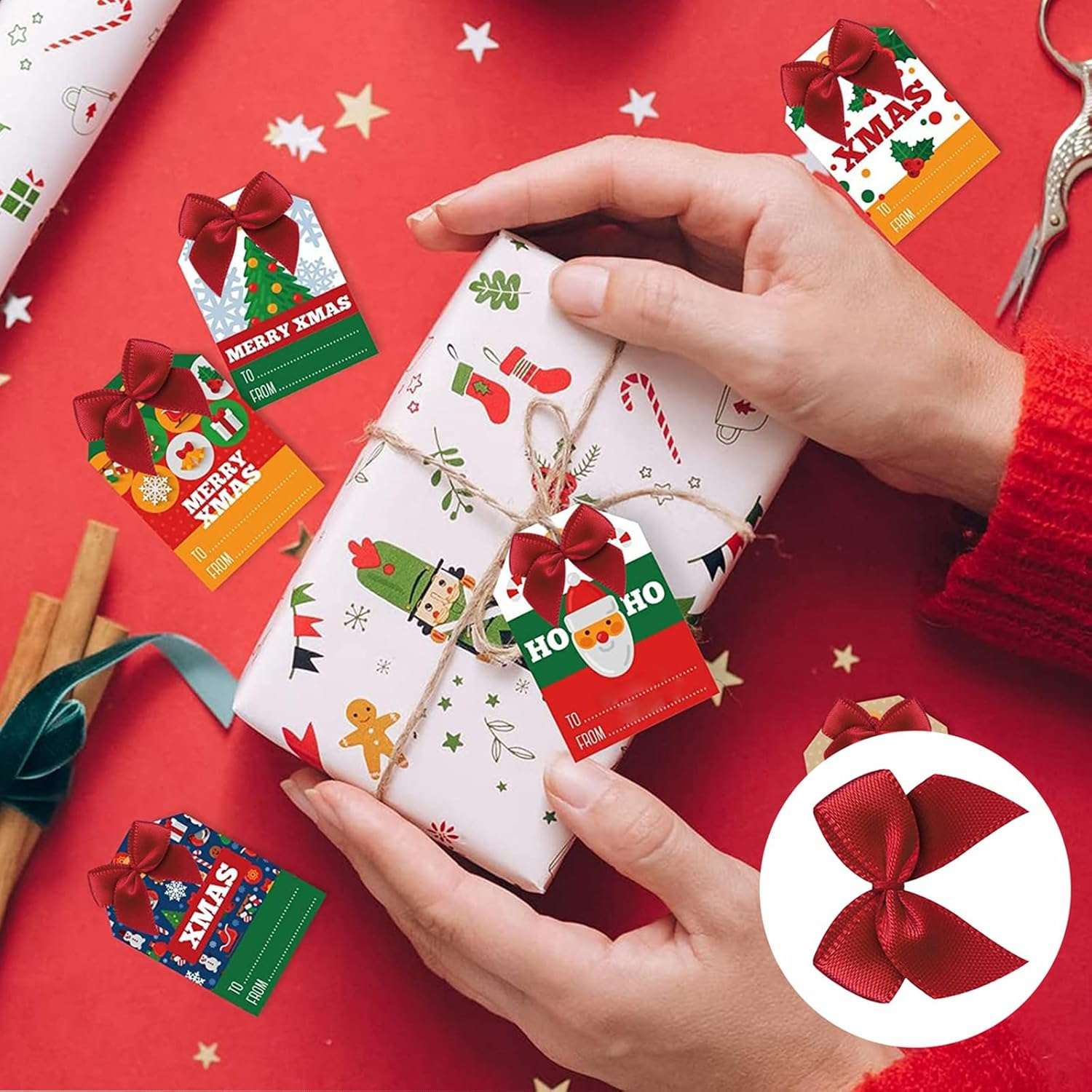 Mini Satin Ribbon Bows Flowers Red Craft Satin Ribbon Bows 1 Inch Pre-Tied Small Christmas for Flowers Appliques DIY Craft for Sewing Scrapbooking Wedding and Gift (100Pcs) image number 2