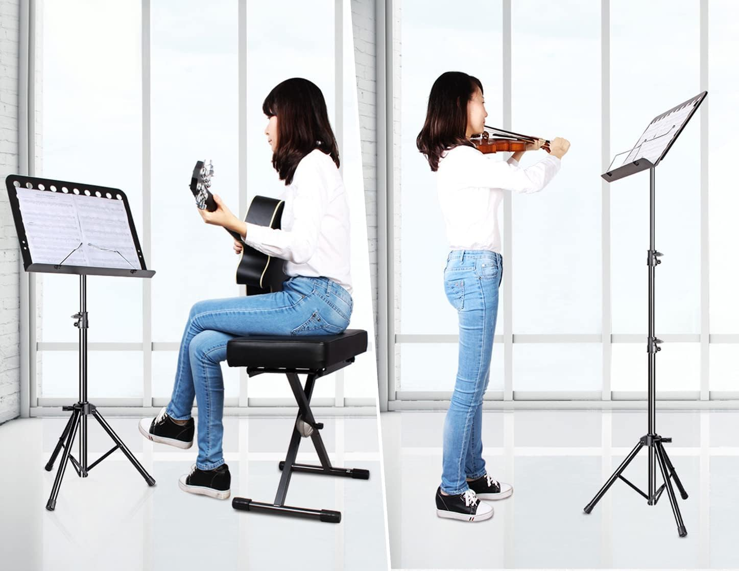 Adjustable Music Stand with Carrying Bag, 70.0-134CM Height Range, Black Metal Construction, Portable Sheet Music Holder image number 1