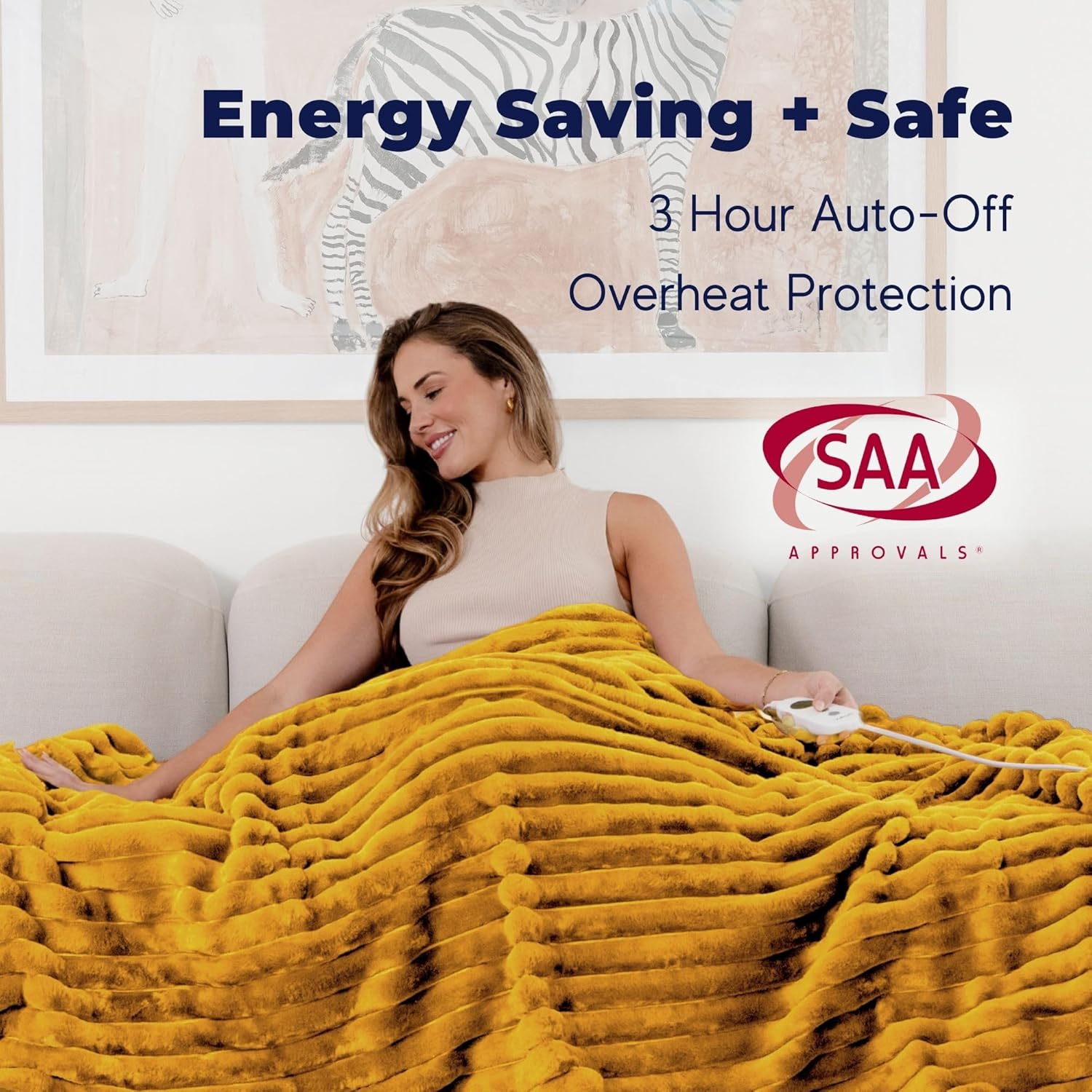 Dreamaker Chunky Embossed Plush Fleece Electric Heated Throw Blanket 200X180Cm Warm Flannel Reversible Rug Energy Efficient Overheat Protection 9 Heat Settings Extra Long Cord Controller- Mustard Gold image number 6