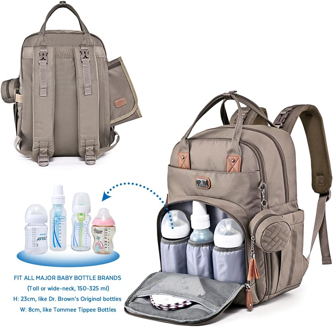 Dikaslon Changing Bag Backpack, Large Nappy Back Pack Multifunction Baby Bags with Portable Changing Mat, Pacifier Holder, and Stroller Straps, for Mom and Dad, Khaki