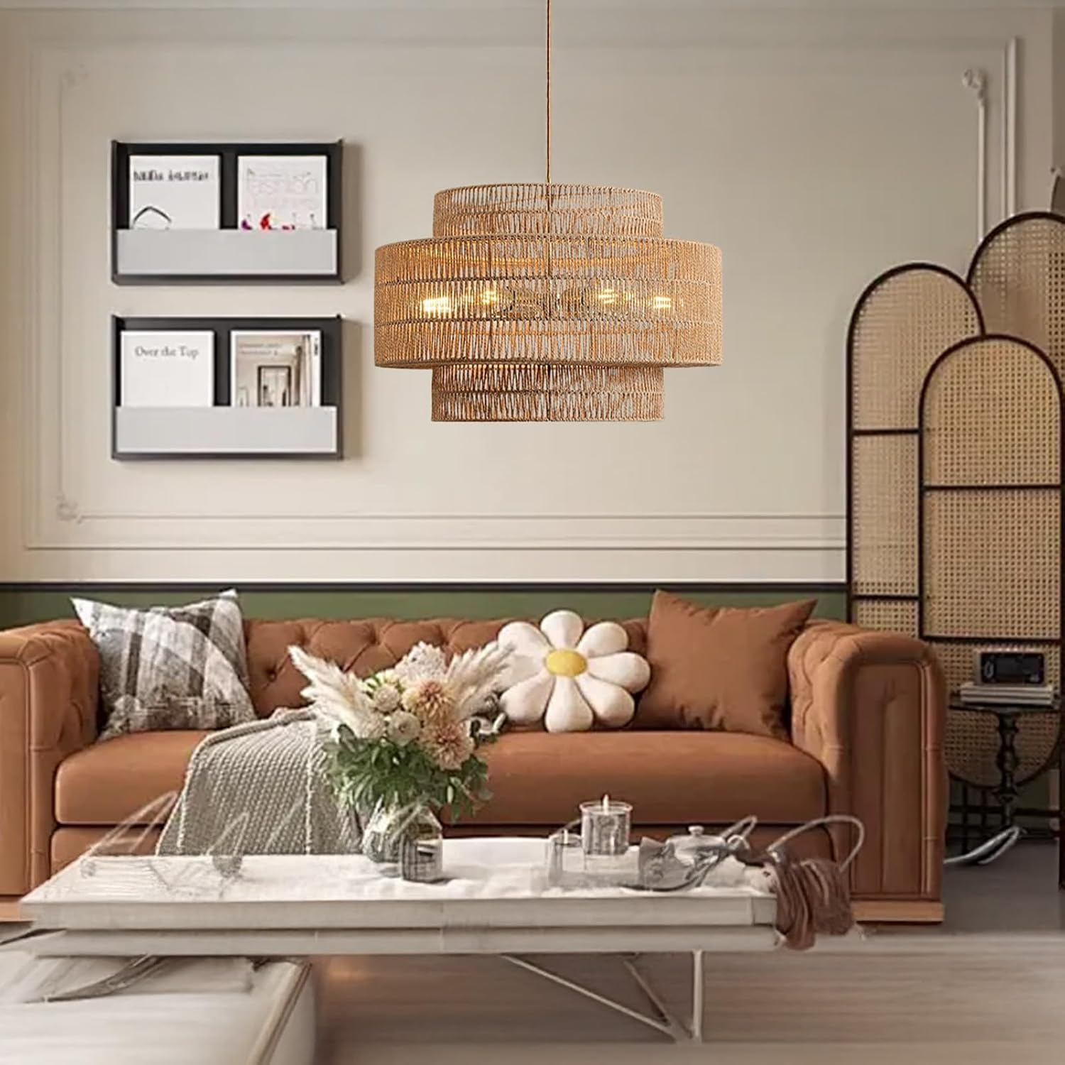 USOR 6-Light Boho Rattan Chandelier Vintage Light Fixture Woven Dome Farmhouse Pendant Light Wicker Straw Look Lamp Rattan Pendant Shade for Kitchen Island Foyer Bedroom Living Room Dining Room D60M image number 4