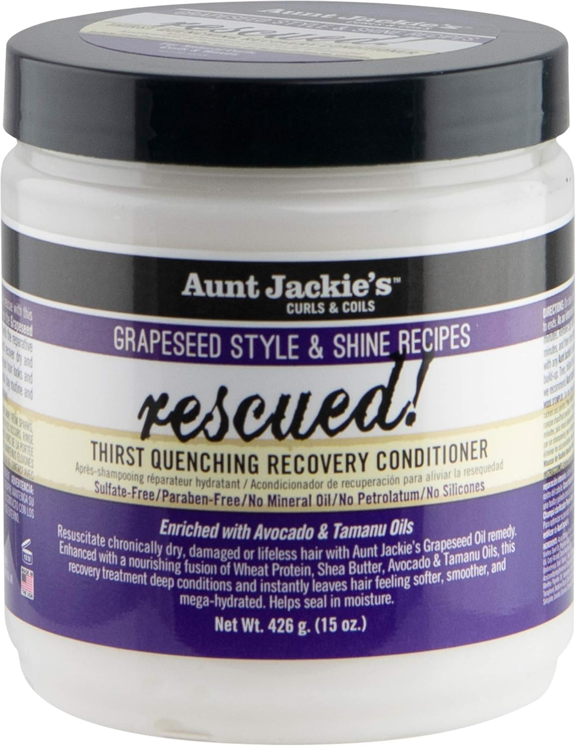 Aunt Jackie'S Grapeseed Style and Shine Recipes Rescued Thirst Quenching Hair Recovery Conditioner Repair Treatment, Seals in Moisture, 15 Oz