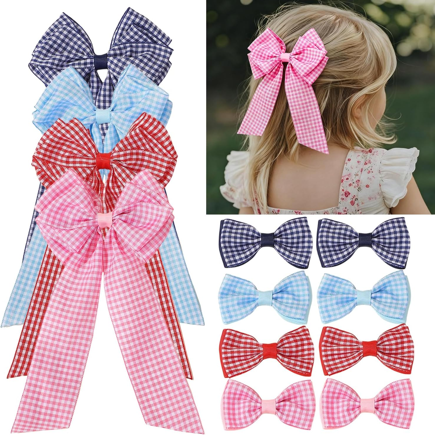 12PCS Girls Plaid Bow Hair Clips, Gingham Hair Ribbon Nonslip Alligator Clips Checkered Bowknot Hair Clips with Long Tails Ponytail Holder Barrettes Pin Hair Accessories for Infant Toddlers Teens Kids image number 5