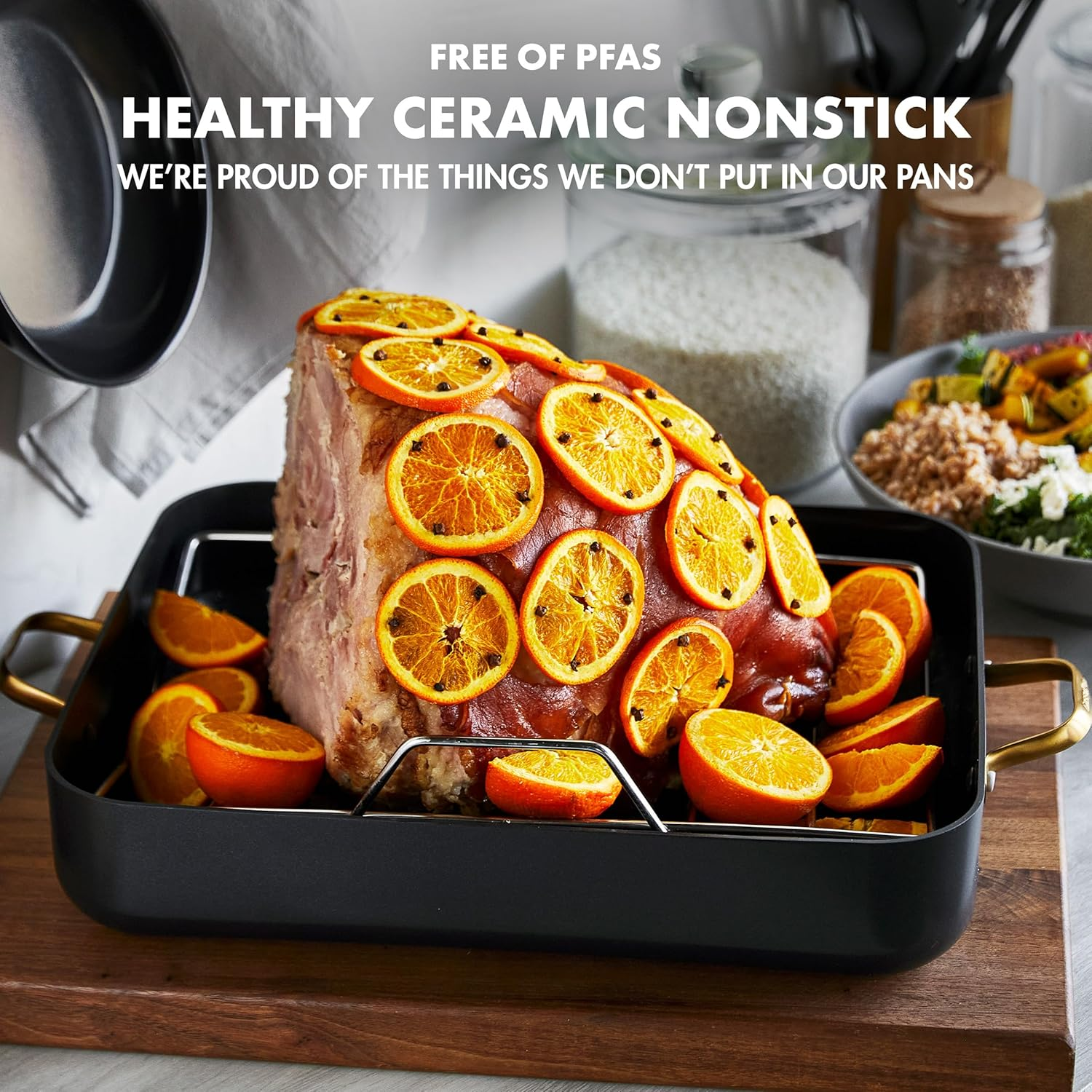 Greenpan Reserve Hard Anodized Healthy Ceramic Nonstick 40 X 33 Cm Roasting Pan with Stainless Steel Roaster Rack, Gold Handles, Pfas-Free, Dishwasher Safe, Oven Safe, Black image number 6