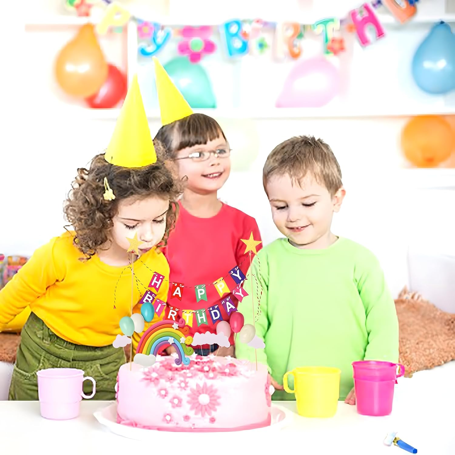 Rainbow Cake Topper, 13-Piece Cake Decoration Set, Include Colorful Rainbow Clouds Balloon Stars, for Boy Girl Kid Birthday Baby Shower Party Baking Decoration Supplies image number 4