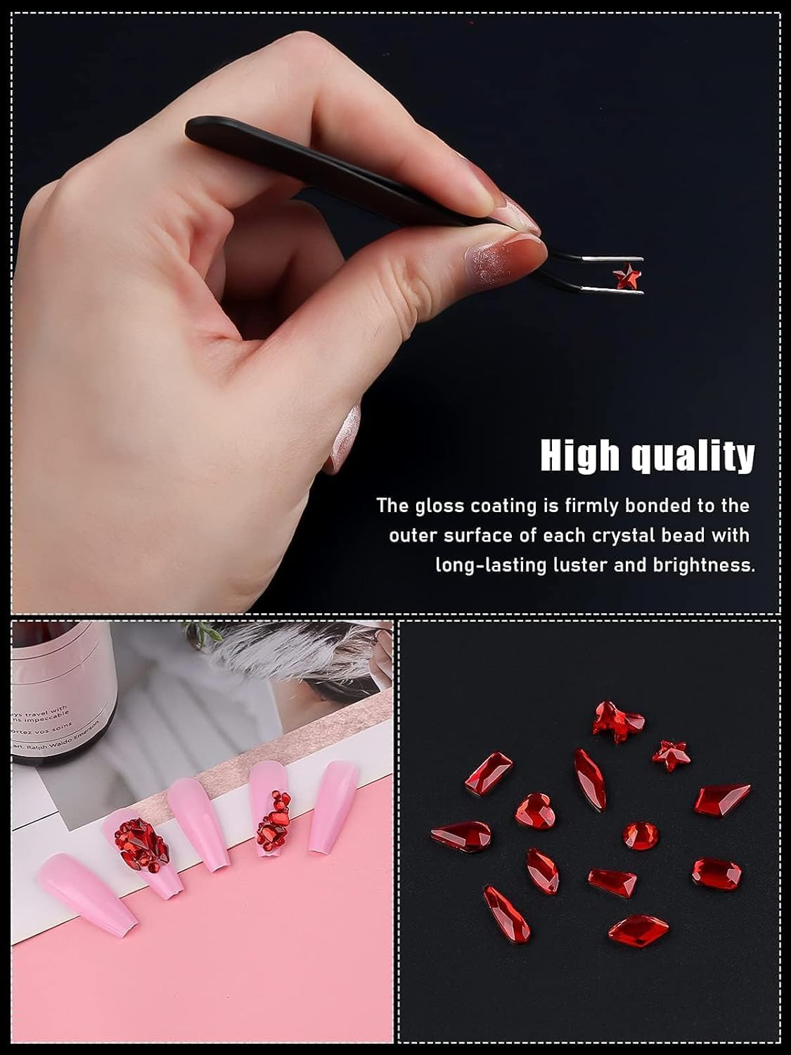 3100Pcs Red Rhinestones for Nails EBANKU Nail Art Rhinestones Kit Red Nail Crystal Rhinestones Mixed Shape with Rhinestone Picker Dotting Pen Tweezers for Christmas DIY Nail Art Craft - Red Rhinestones image number 4