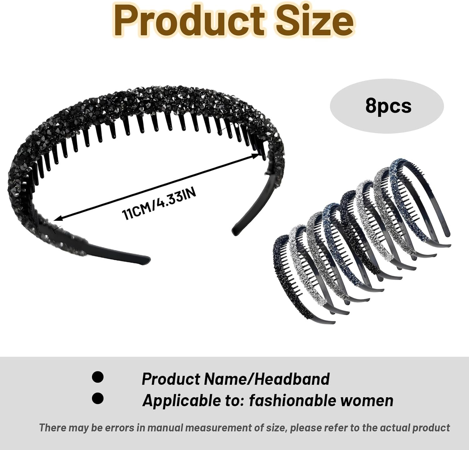 Pack of 8 Women'S Headbands, Headbands, Women'S Hairband, Elegant, Non-Slip Headbands, Comb Hair Bands Made of Crystal, Glittering Hair Bands for Women image number 2