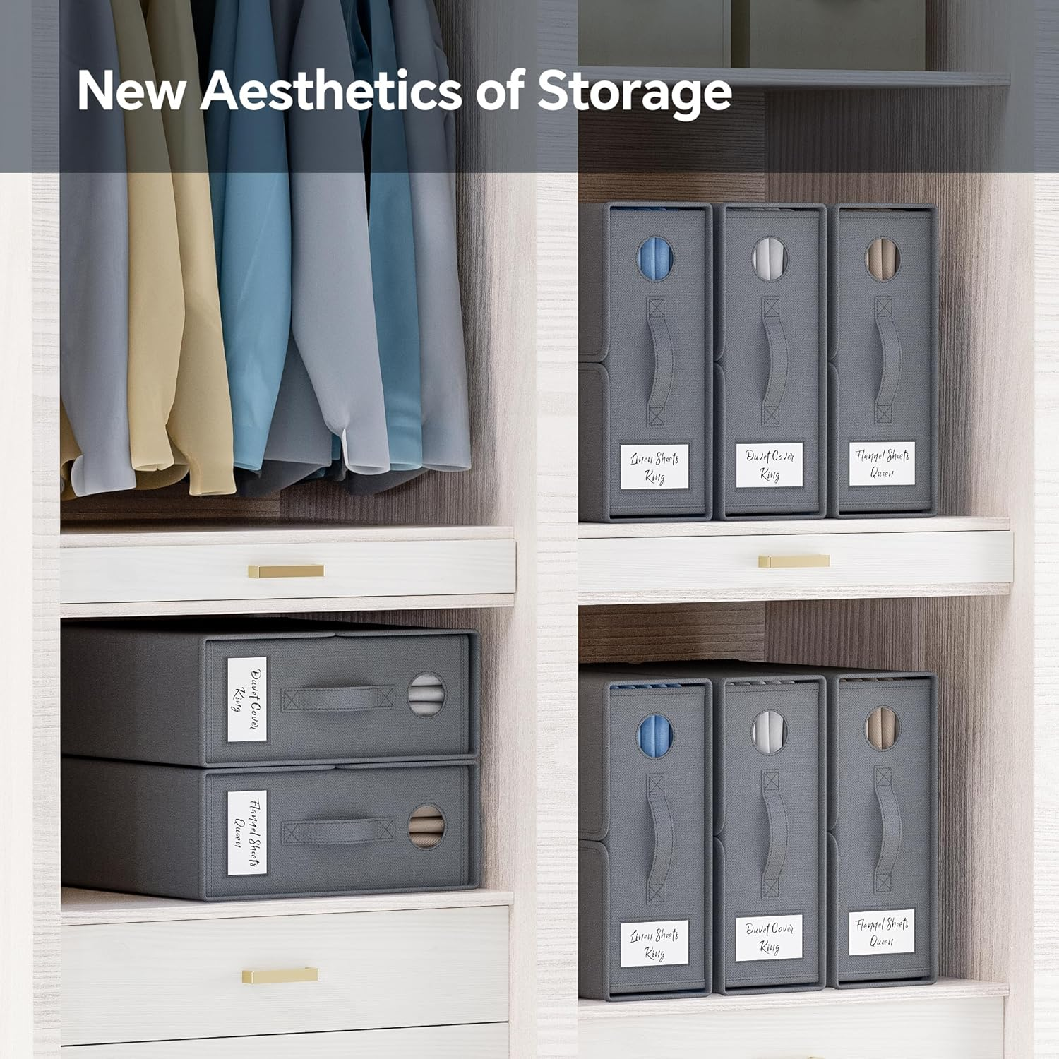 TRZZ 4-Pack Bed Sheet Organizers and Storage, Foldable Linen Bins with Window and Labels, Bedding Holder for Queen/King Duvet Covers, Keeps Bedding Neatly Organized and Accessible (Grey) image number 3