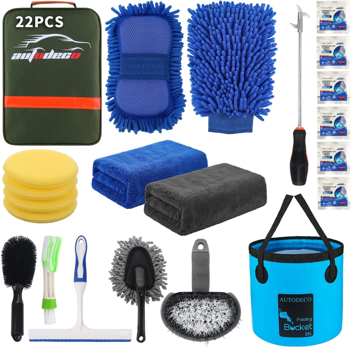 AUTODECO 22Pcs Car Wash Cleaning Tools Kit Car Detailing Set with Olive Green Canvas Bag Collapsible Bucket Wash Mitt Sponge Towels Tire Brush Window Scraper Duster Complete Interior Car Care Kit