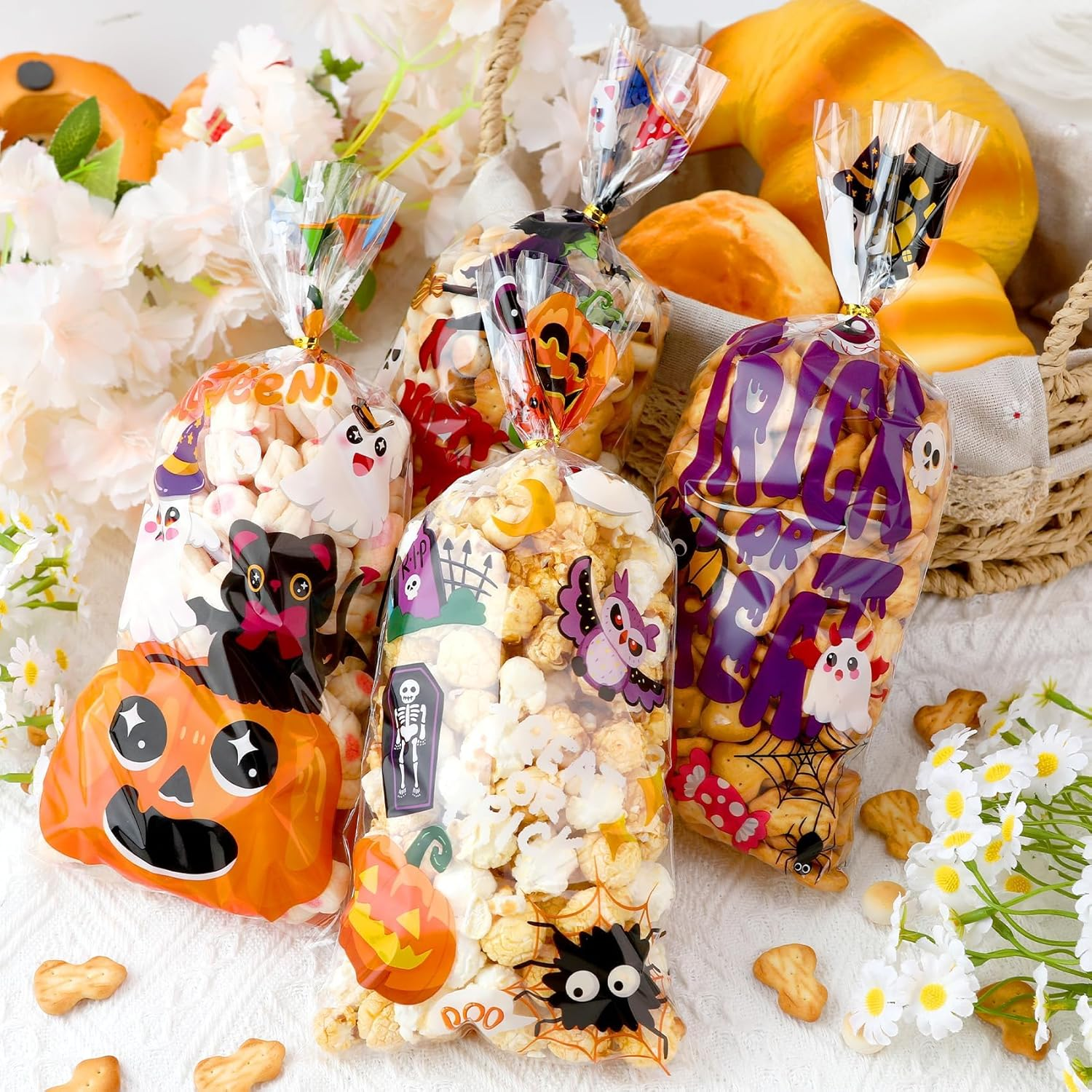 Halloween Candy Treat Bags,100Pcs Five Styles Clear Cellophane Goodies Bags with 100PCS Twist Ties,Transparent Party Gift Supplies for Trick or Treat Snacks Cookies Popcorn Candy,For Halloween Party - 5-In-1 image number 5