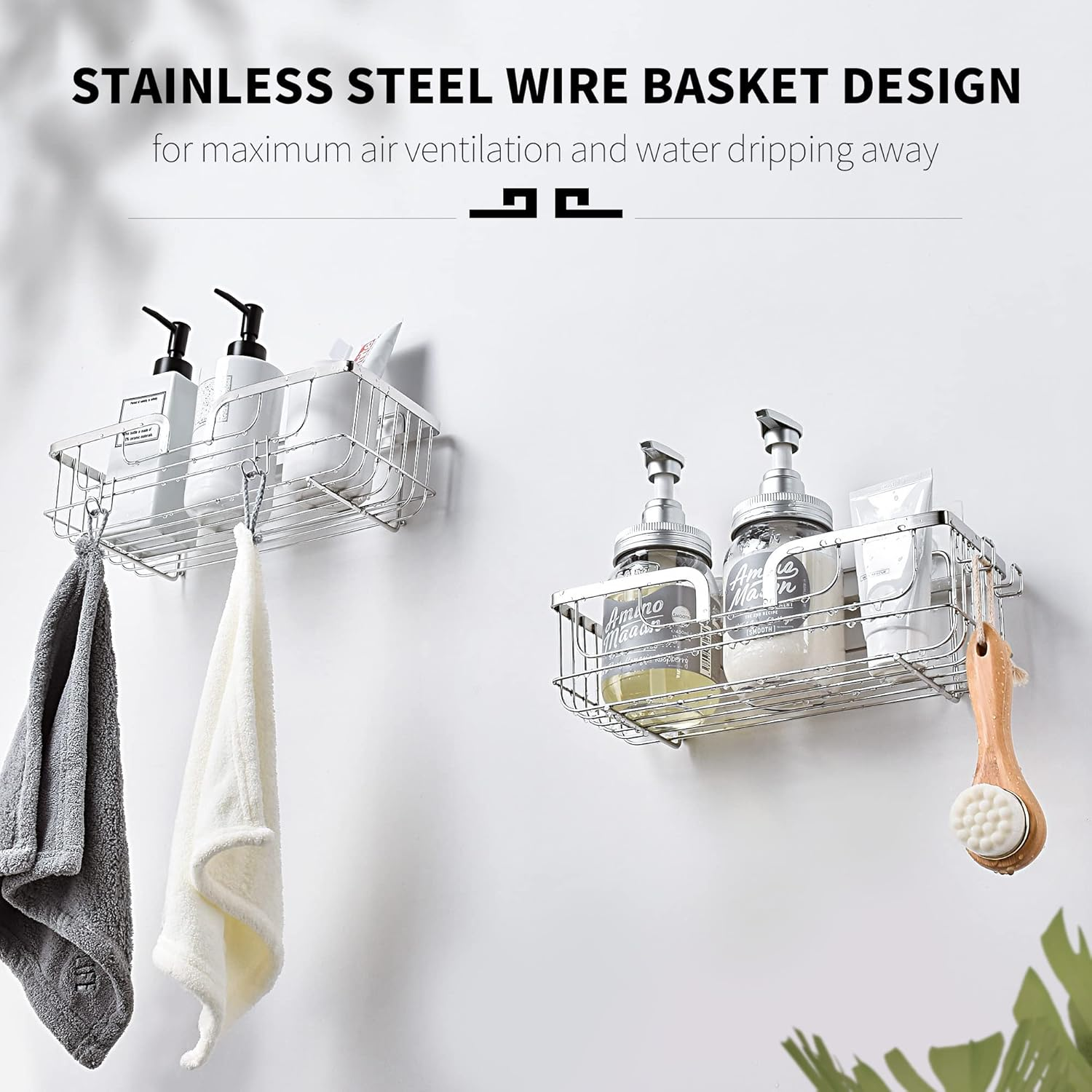 YOHOM Adhesive Shower Caddy Shampoo Holder Organizer with Hooks Shower Wall Shelf Storage Basket Stainless Steel 2 Pack Silver image number 5