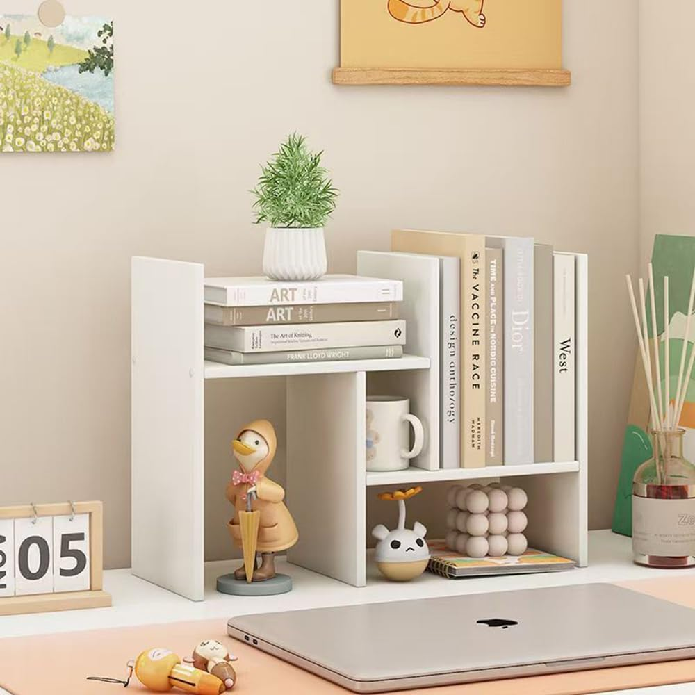 Hbluefat Small Desktop Organizer Bookshelf Bookcase, Mini Adjustable Wood Countertop Rack, Desk Display Storage Shelf for Home Office (White) image number 2