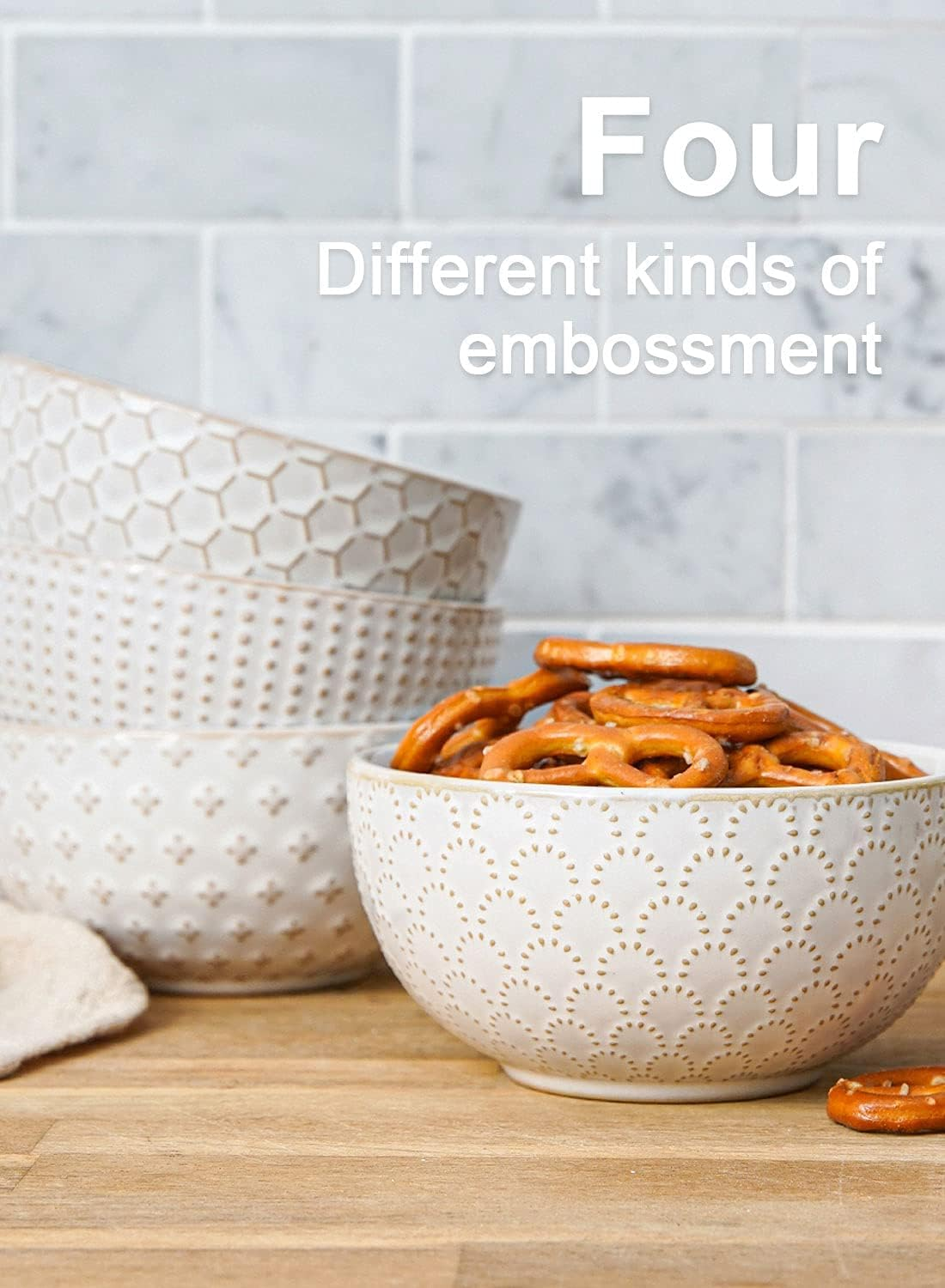 LE TAUCI Small Bowls 12 OZ, Ice Cream Bowl, Ceramic Embossment Stoneware Bowl, Bowls Set for Dessert, Fruits, Side Dishes, Suit for Housewarming - 4.5 Inch, Set of 4, Arctic White image number 5