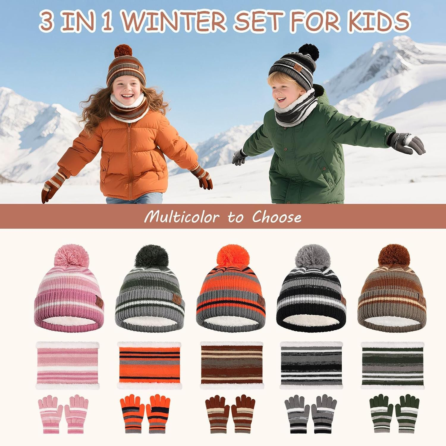 OZERO Kids Toddlers Winter Knit Warm Beanie Hat Scarf Gloves Set for Boys Girls Age 5-10, Knit Cap Neck Warmer Gloves Fleece Lined image number 5