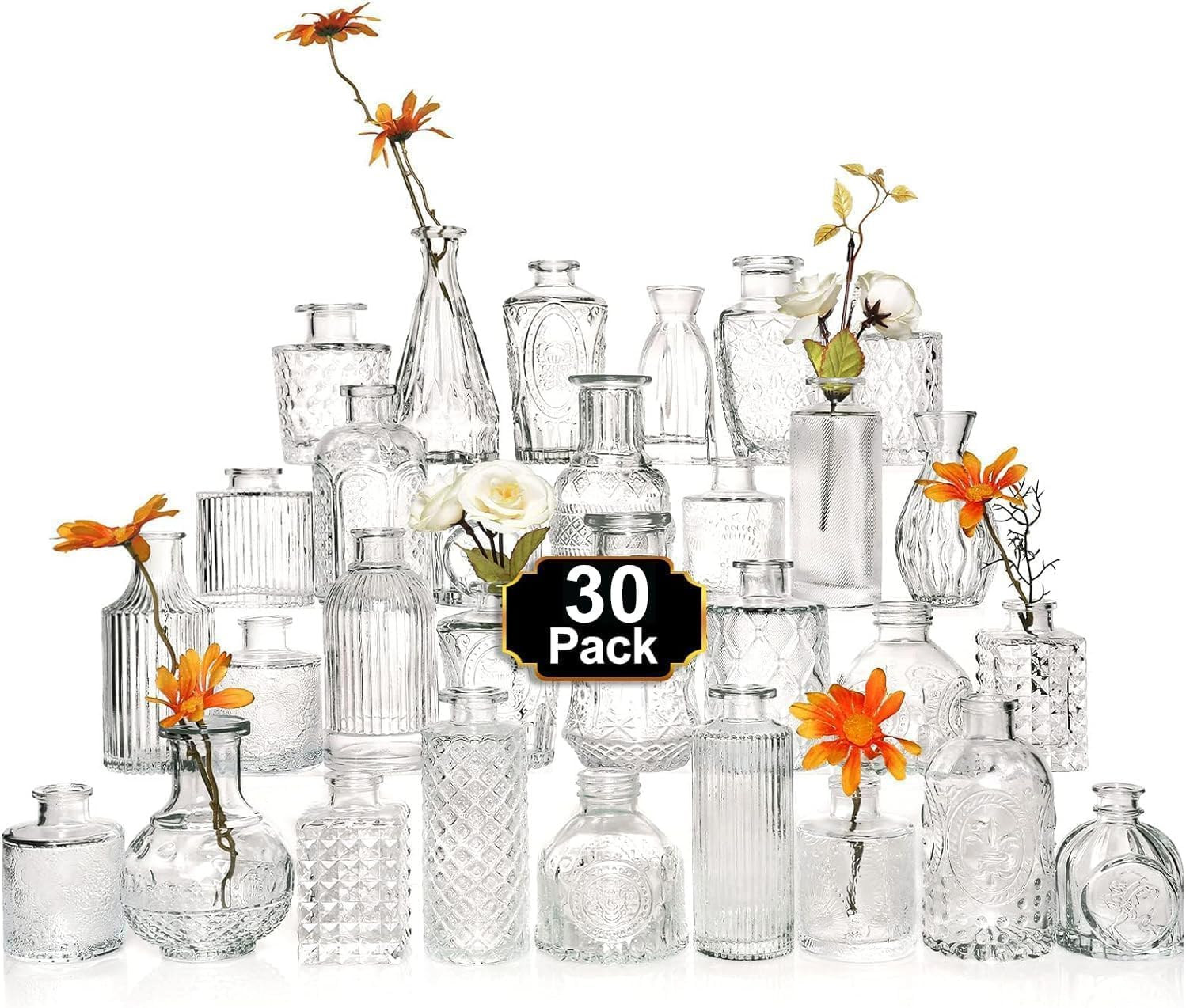 30 Pcs Glass Bud Vase Set，Small Glass Vases for Flowers，Clear Bud Vases in Bulk，Vintage Vases for Centerpieces，Small Glass Bud Vase for Rustic Wedding Decorations，Home Table Flower D&eacute;cor