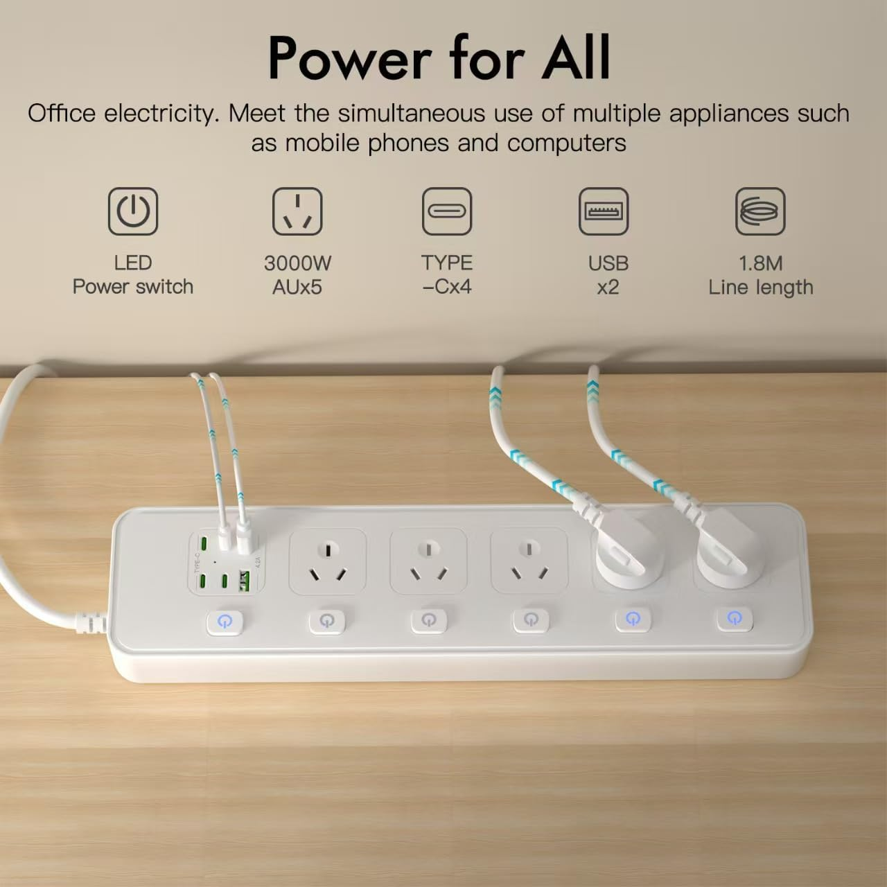 Power Board Individual Switch,11-In-1 Power Strip with 5 AC Outlets, Surge Protector Powerboard with 6 USB Ports(4 USB C Outlets), 1.8M Extension Cord Power Strip,Wall Mount for Home Office White image number 1