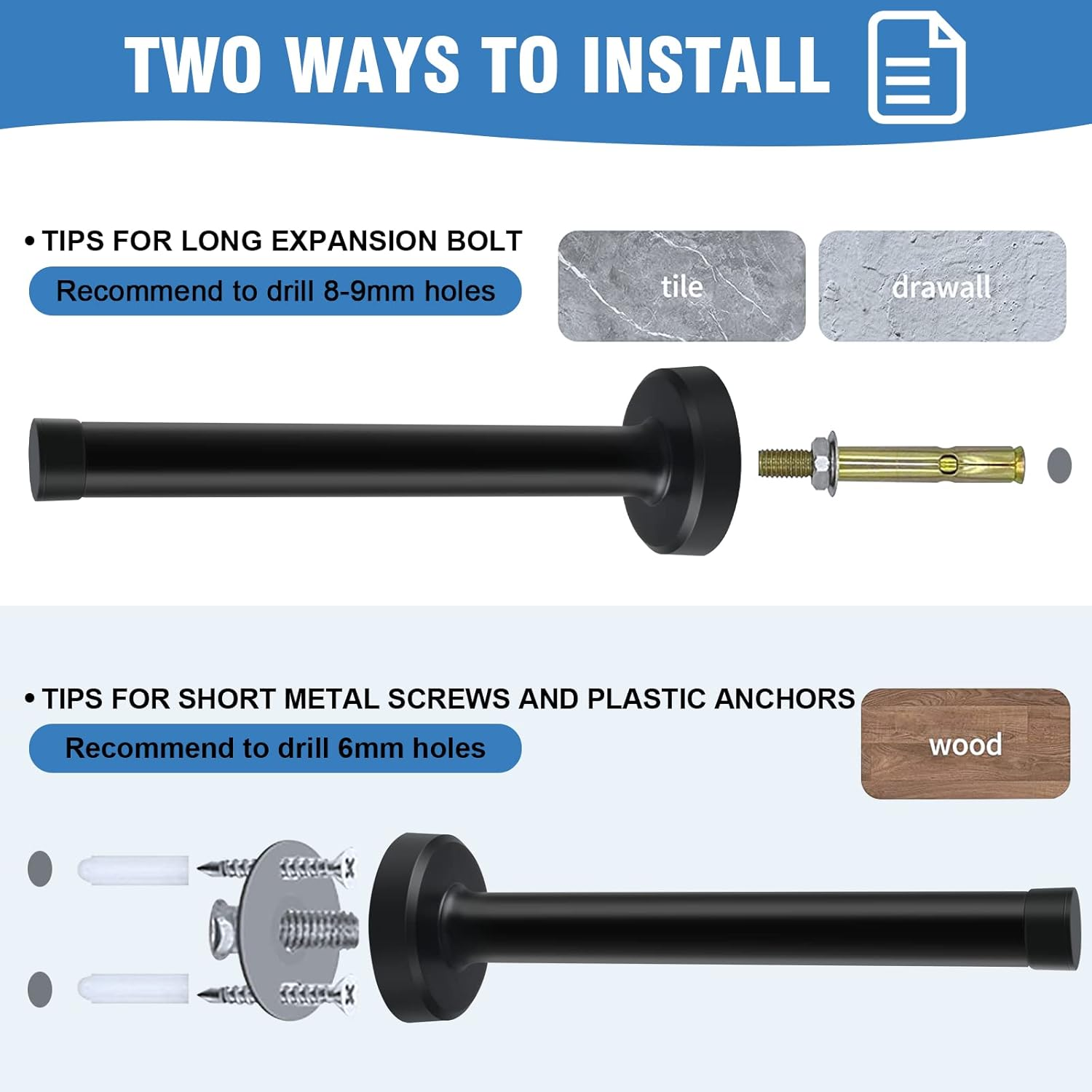 KOLAKO Door Stops, 6 Inch Door Stopper, Wall Mount, Brushed Stainless Steel Extra Long Doorstops with Sound Dampening Rubber Tip Bumper Modern Black Long Doors Stoppers for Bottom of Doors