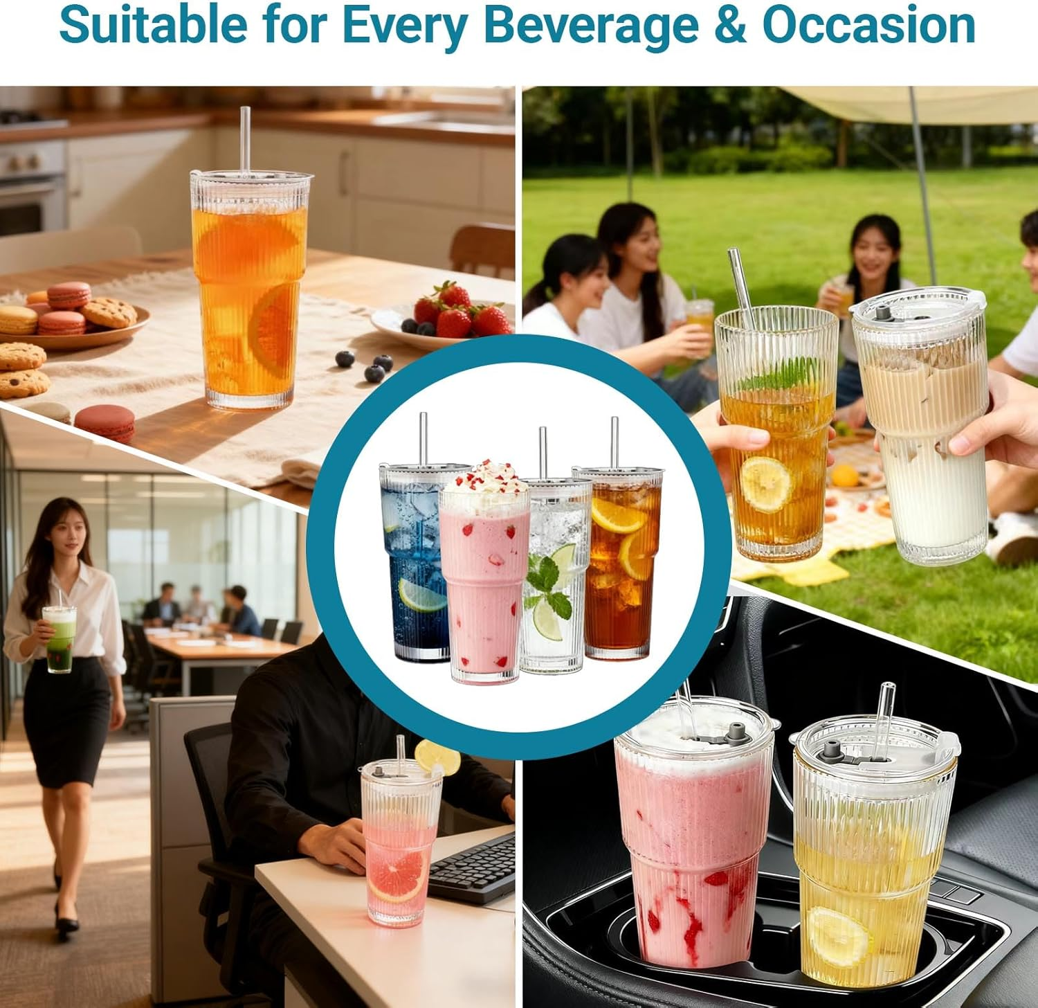 Anowker 20Oz Iced Coffee Glass Cup, Ribbed Glass Tumblers with Lids and Straws, Latte and Smoothie Glasses (4) image number 3