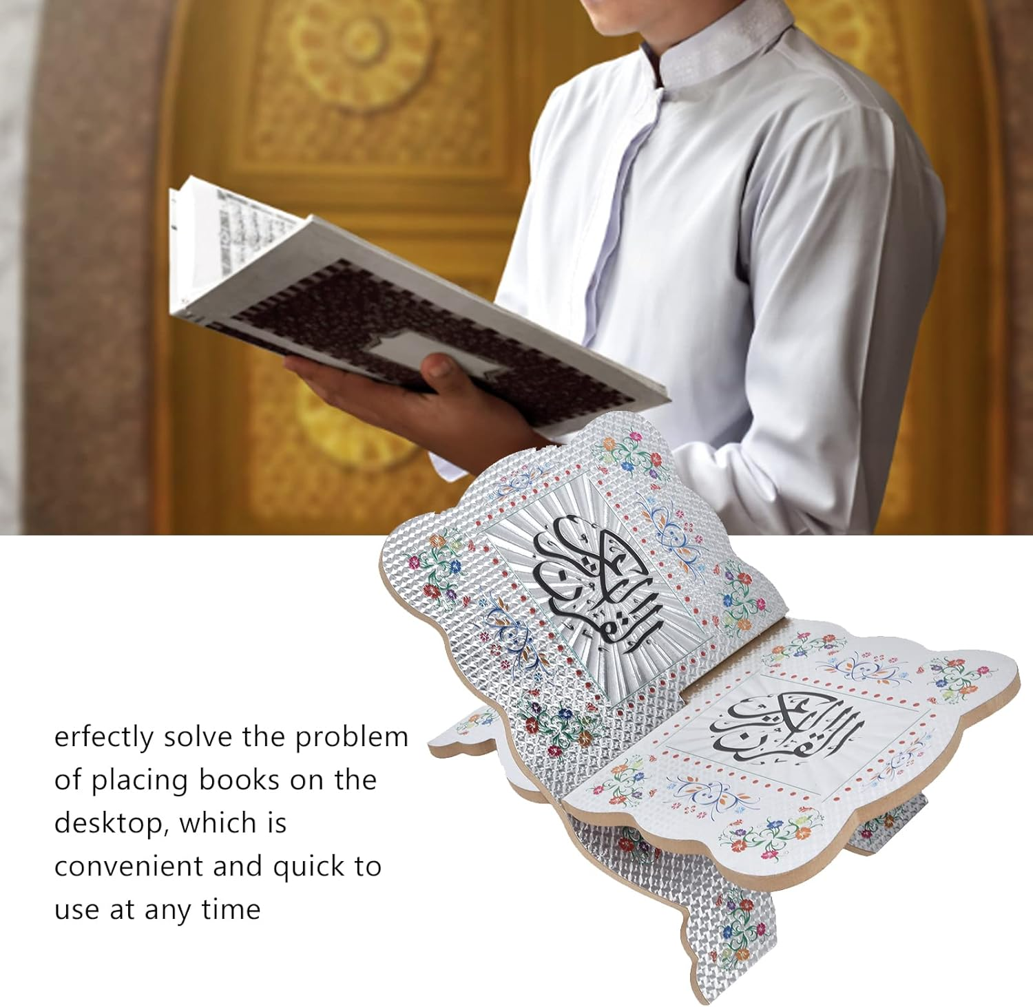 Book Stand, Wooden Foldable Quran Holder Quran Koran Holy Book Stand Holder, Muslim Arabic Calligraphy Bible Magazine Cookbook Display Holder Rack Quran Book Holder Stand for Reading(#2) image number 4