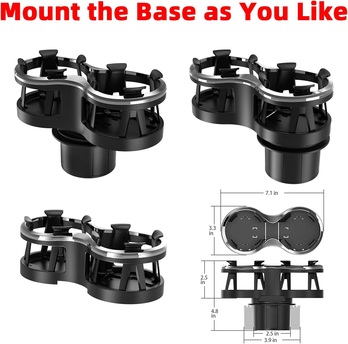 Car Cup Holder Extender with Adjustable Mounting Base - Cup Slot 1-2 Splitter Expander Organizer Fits Vehicle Boat Truck RV Holds Standard Drinks Water Bottles image number 4