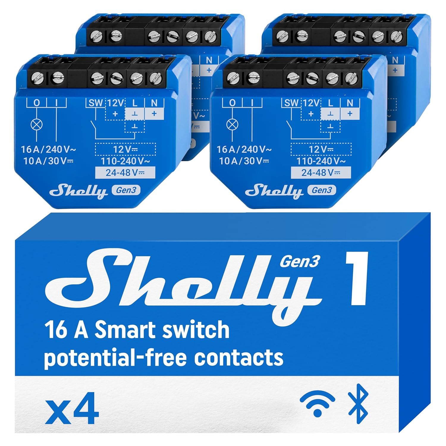 Shelly 1 Gen3, Wi-Fi Smart Relay Switch, 16A, Dry Contacts, Home Automation, Lights, Garage Door Remote Control, Ios Android, Alexa & Google Home, No Hub Required (4 Pack)