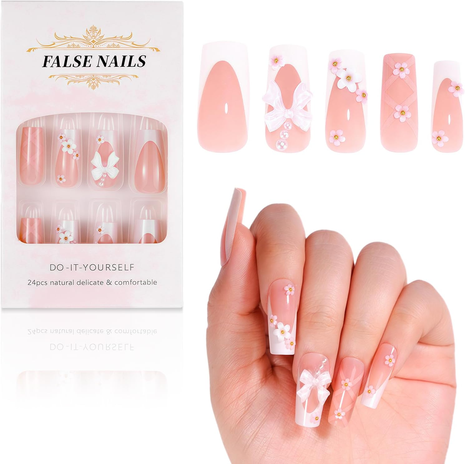 Press on Nails,24Pcs French Tip False Nails Pink False Nails Glossy Square Fake Nails Reusable & Acrylic,3D Pink