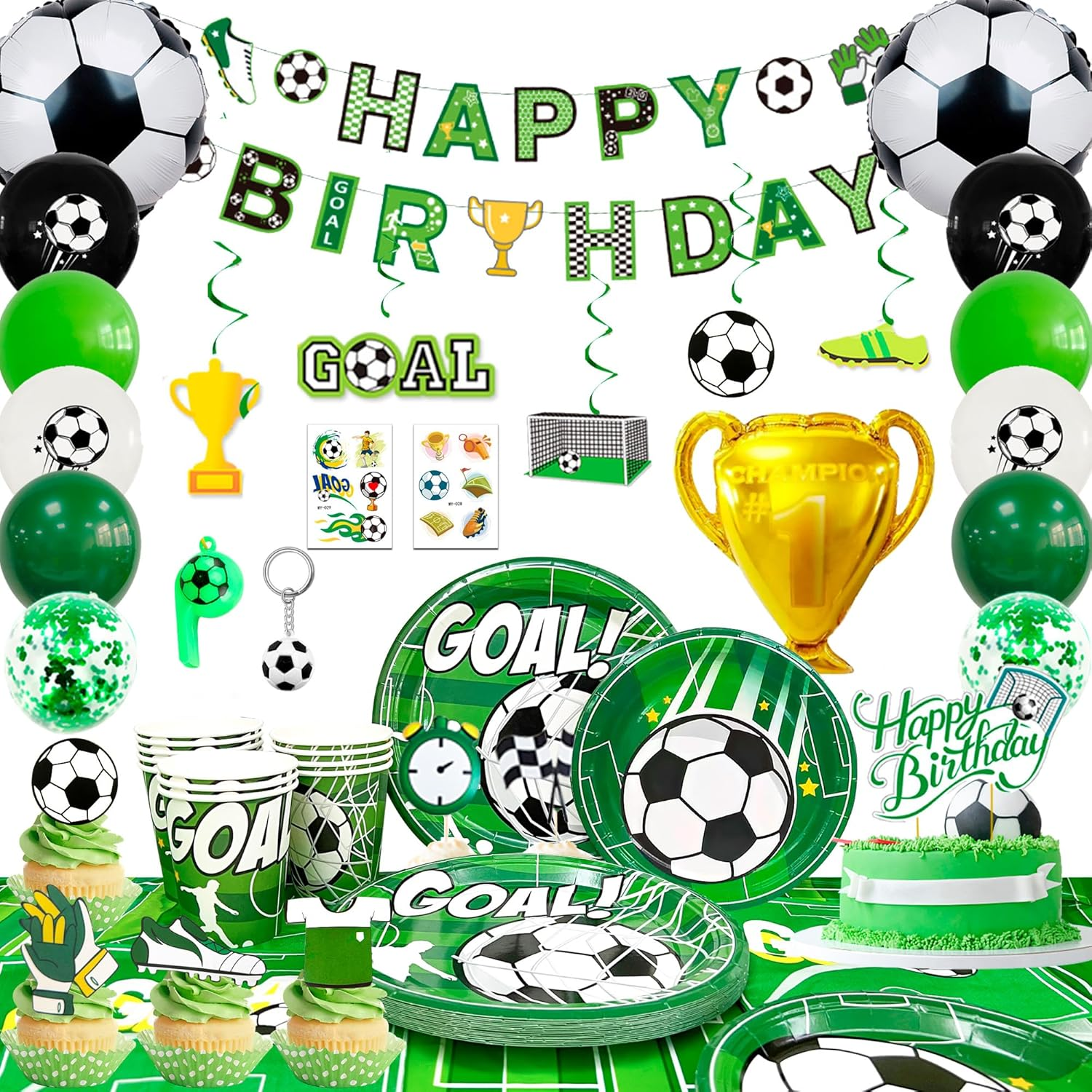 Soccer Birthday Party Supplies for 16 Guests, Soccer Party Decorations with Banner, Balloons, Tablecloth, Plates, Cups, Napkins, Whistle, Keychain, Boys Sports Theme Birthday Decor image number 3