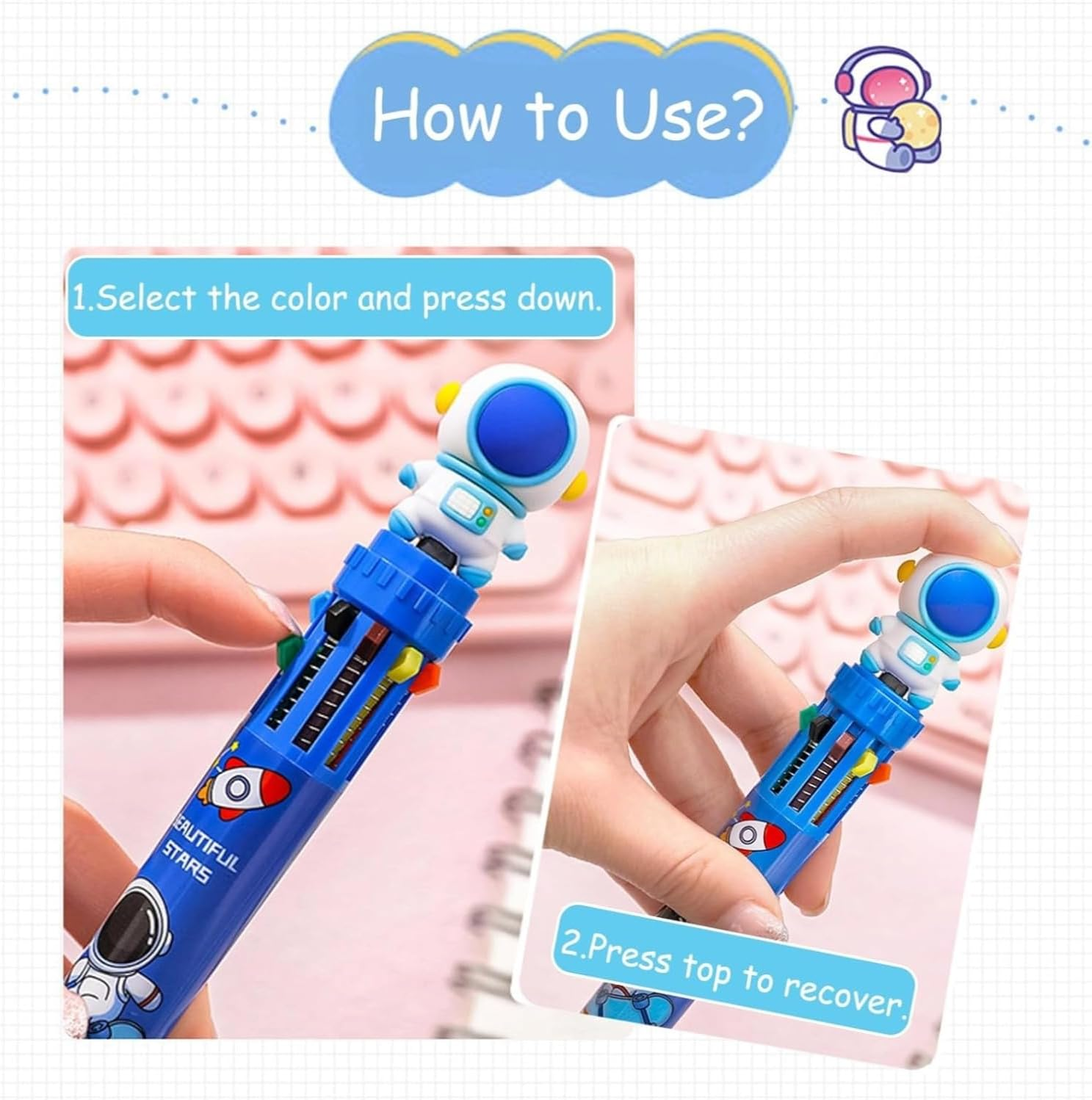 Lyfengdeam 4PCS 10-In-1 Multicolored Retractable Ballpoint Pens for Kids Party Bag Fillers, Fun Cute Cartoon Multi Color Ballpoint Pen Bulk for Classroom School Supplies Party Favors Girls Boys Gifts image number 4