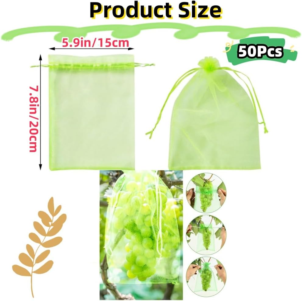 50 Pcs Fruit Protection Bags,Ladiz 5.9 * 7.8Inch Reusable Mesh Drawstring Protectors Bag,Netting Bags for Fruit Trees Plants Vegetables to Protect from Pest Birds and Insects (Green) image number 3