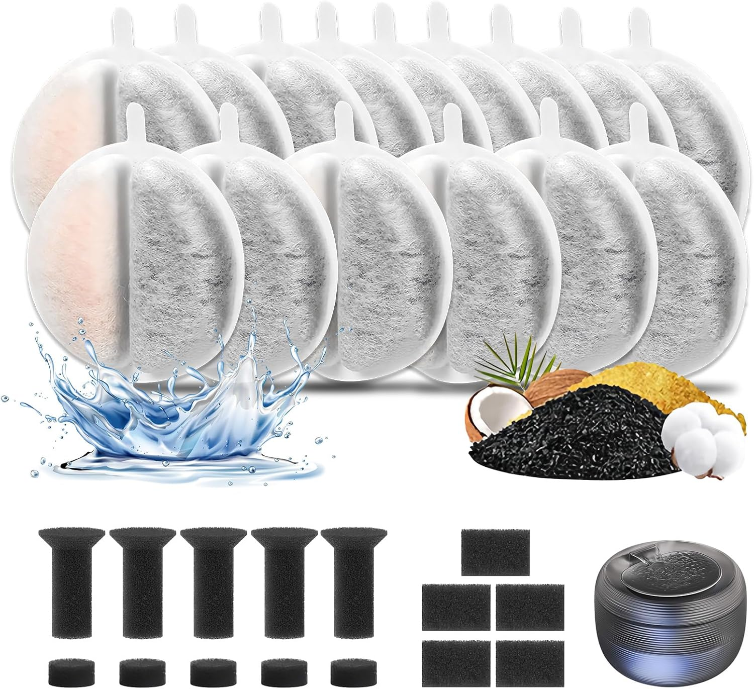 Cat Fountain Filter, Pack of 15 Replacement Filters with Resin Activated Carbon, Drinking Fountain Filter with 15 Replacement Sponge in 3 Shapes, Filter for Cat Fountain for 84FL Oz/2.5 L Drinking image number 1