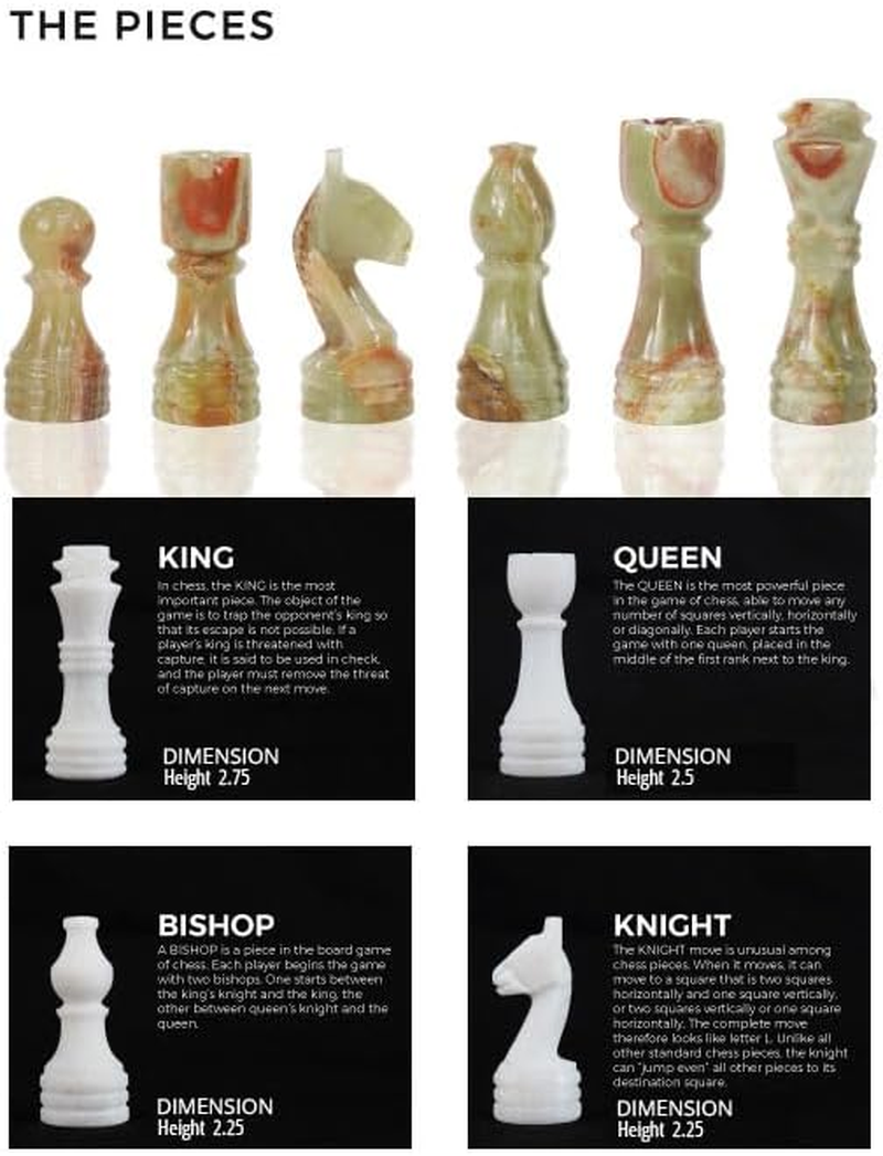 Radicaln Handmade White and Green Onyx Weighted Full Chess Game Set Staunton and Ambassador Gift Style Marble Tournament Chess Sets for Adults - Non Wooden - Non Magnetic - Not Backgammon - Non Glass image number 3