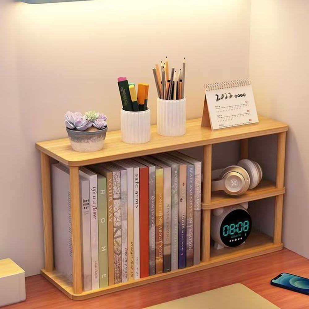 Hbluefat Desktop Organizer Shelf, Solid Wood Desk Bookshelf, Tabletop Small Bookcase, Multipurpose Display Storage Rack for Home Office (Wood) image number 2