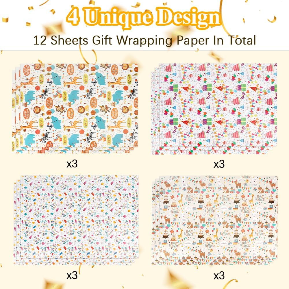 Rugwioyu Gift Wrapping Paper Happy Birthday 12 Sheets 20X27In 4 Style Funny Wrapping Paper Gift Girls Boys Wrapping Supplies