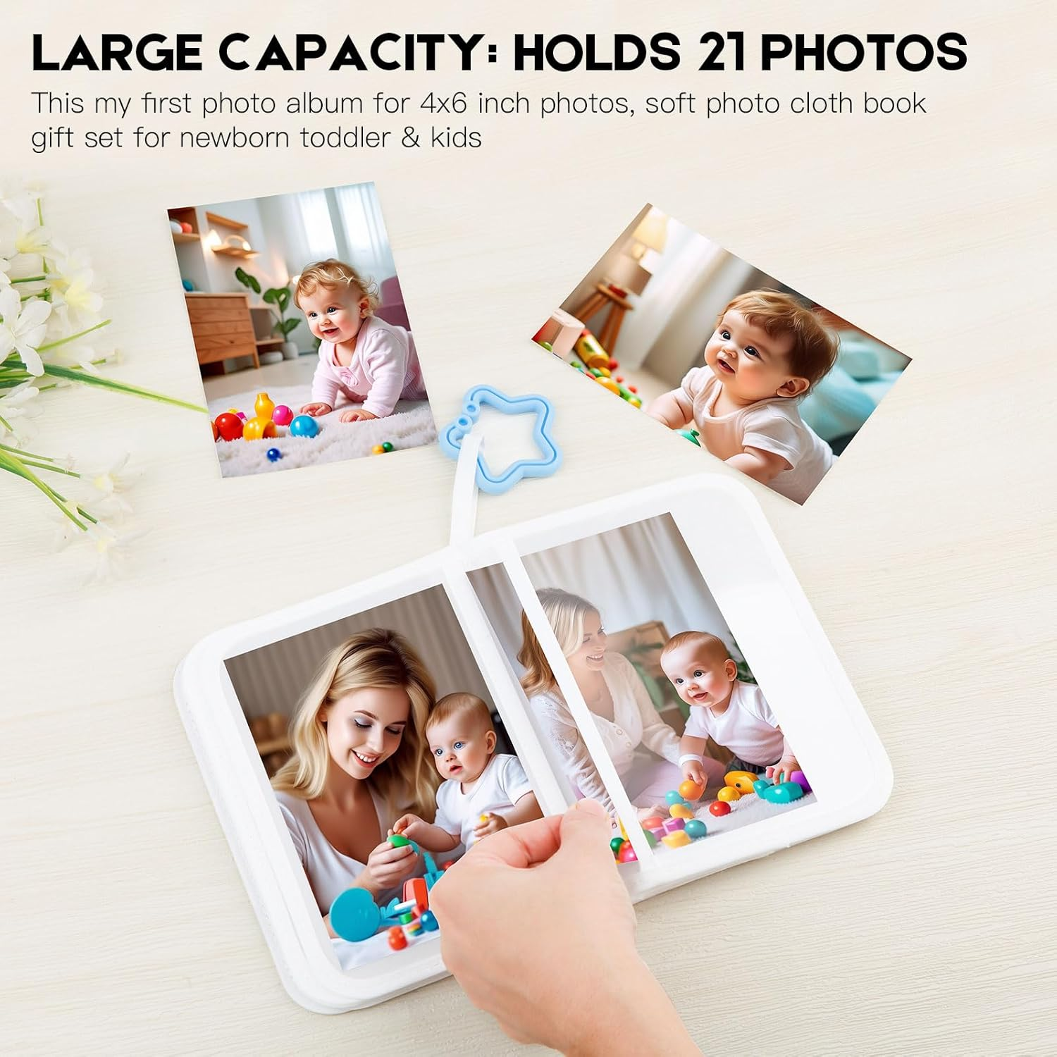 Baby'S My First Photo Album for Baby Holds 21 4X6 Photos, Baby Photo Album Soft Cloth Family Book, My First Family Album for 4X6 Baby Shower Kids Toddlers Family Pictures, Toddler Photo Album (White) - Black image number 6