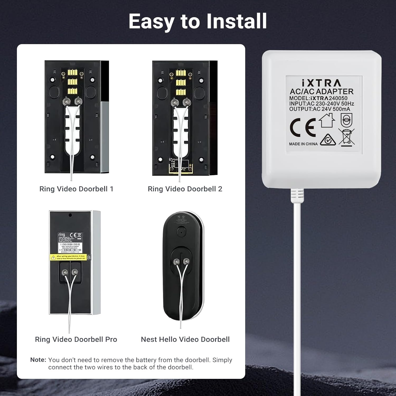 IXTRA Doorbell Transformer, 24V 500MA AC/AC Power Adapter for Ring Video Doorbell, 8M C Wire Adapter Compatible with Thermostat for Ecobee, Sensi and Honeywell, AU Plug 8M Long Cable,White image number 5