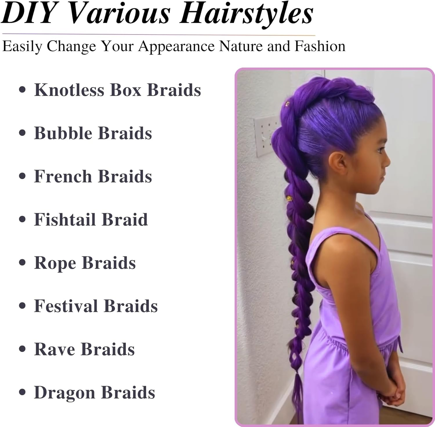 Purple Braiding Hair, 2PCS Purple Hair Extensions for Braiding, 26 Inch Anime Character Cosplay Wig Purples Hair Braids Pre Stretched, Fancy Dress Wig Costume Accessories, for Kids & Adults image number 2